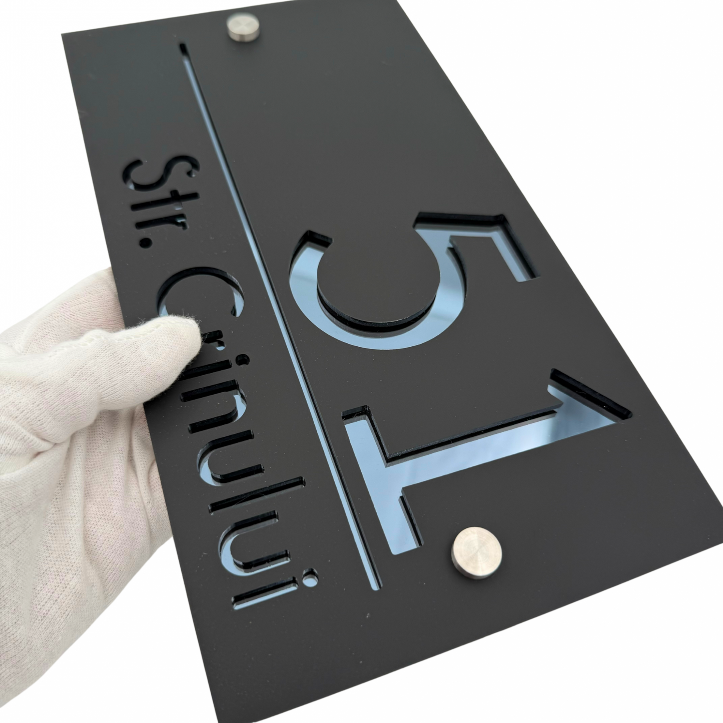 PREMIUM HOUSE NUMBER - Satin Black Anthracite Grey Mirror 2 Spacers Silver - 28×15 cm