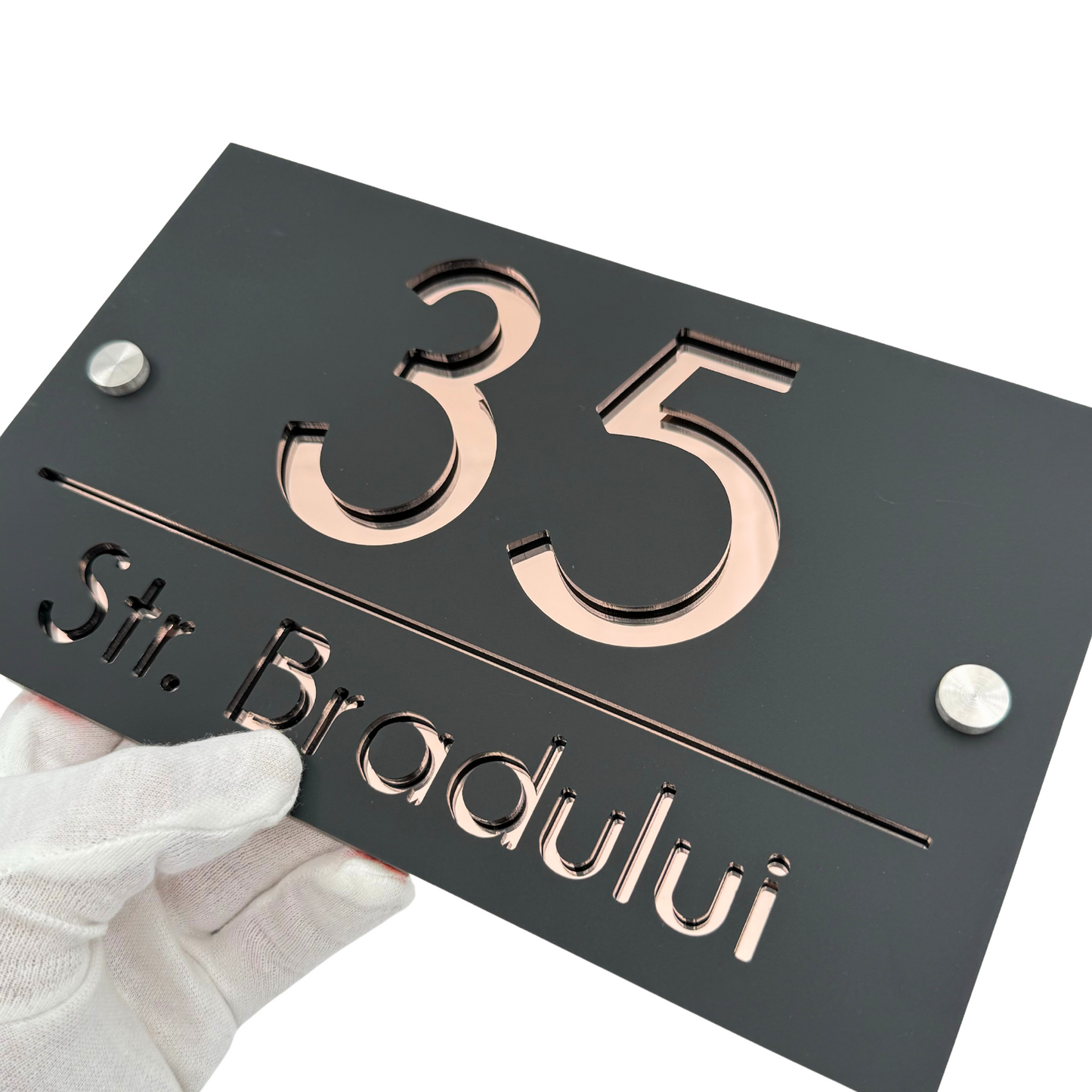 PREMIUM HOUSE NUMBER - Satin Black Rose Gold Mirror 2 Spacers Silver - 24×15 cm