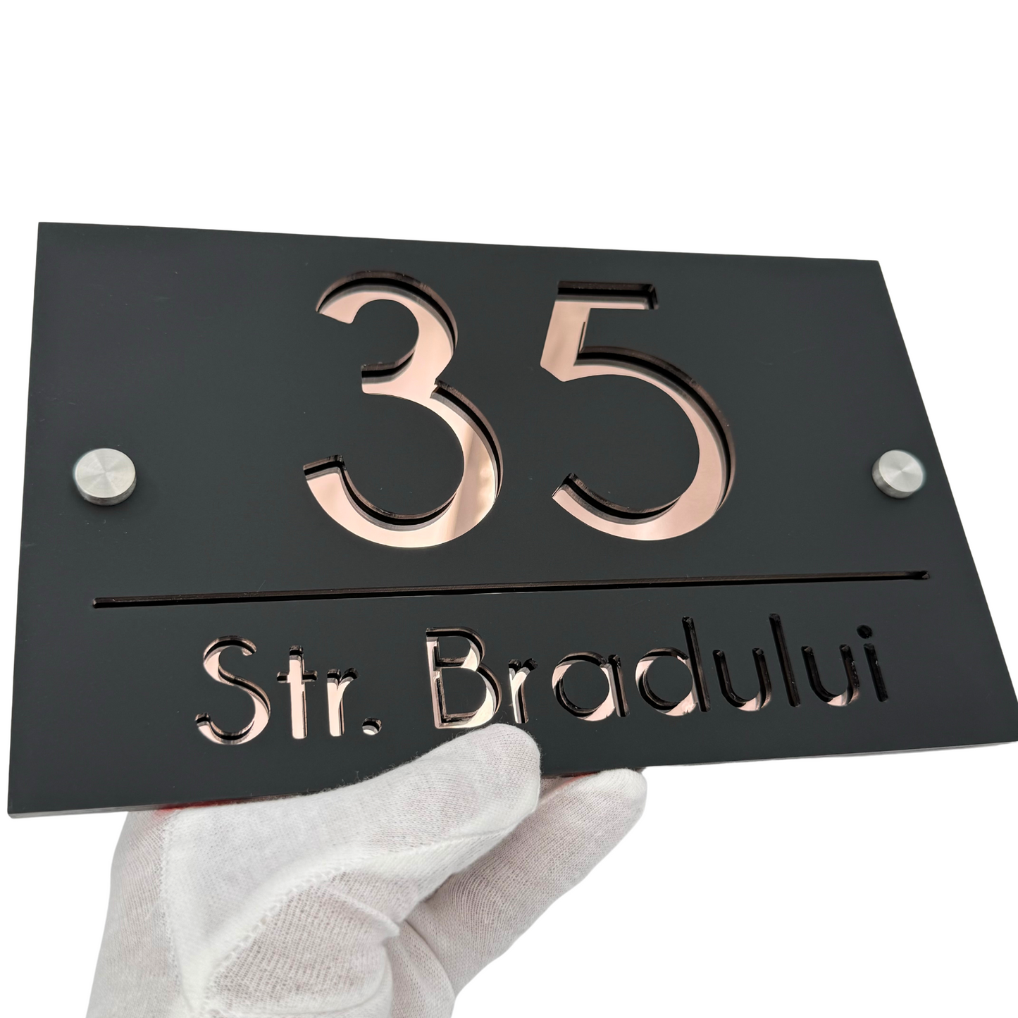 PREMIUM HOUSE NUMBER - Satin Black Rose Gold Mirror 2 Spacers Silver - 24×15 cm