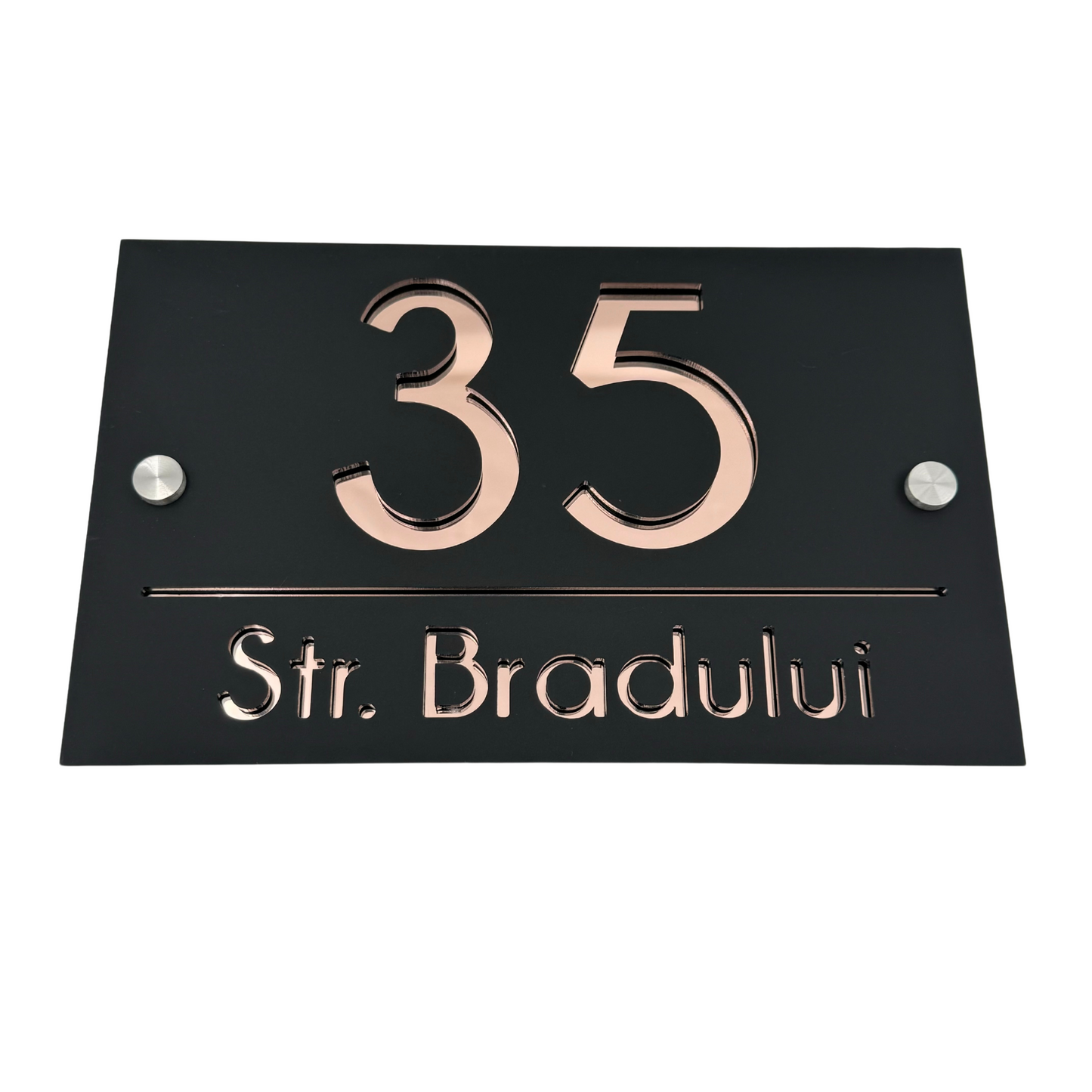 PREMIUM HOUSE NUMBER - Satin Black Rose Gold Mirror 2 Spacers Silver - 24×15 cm