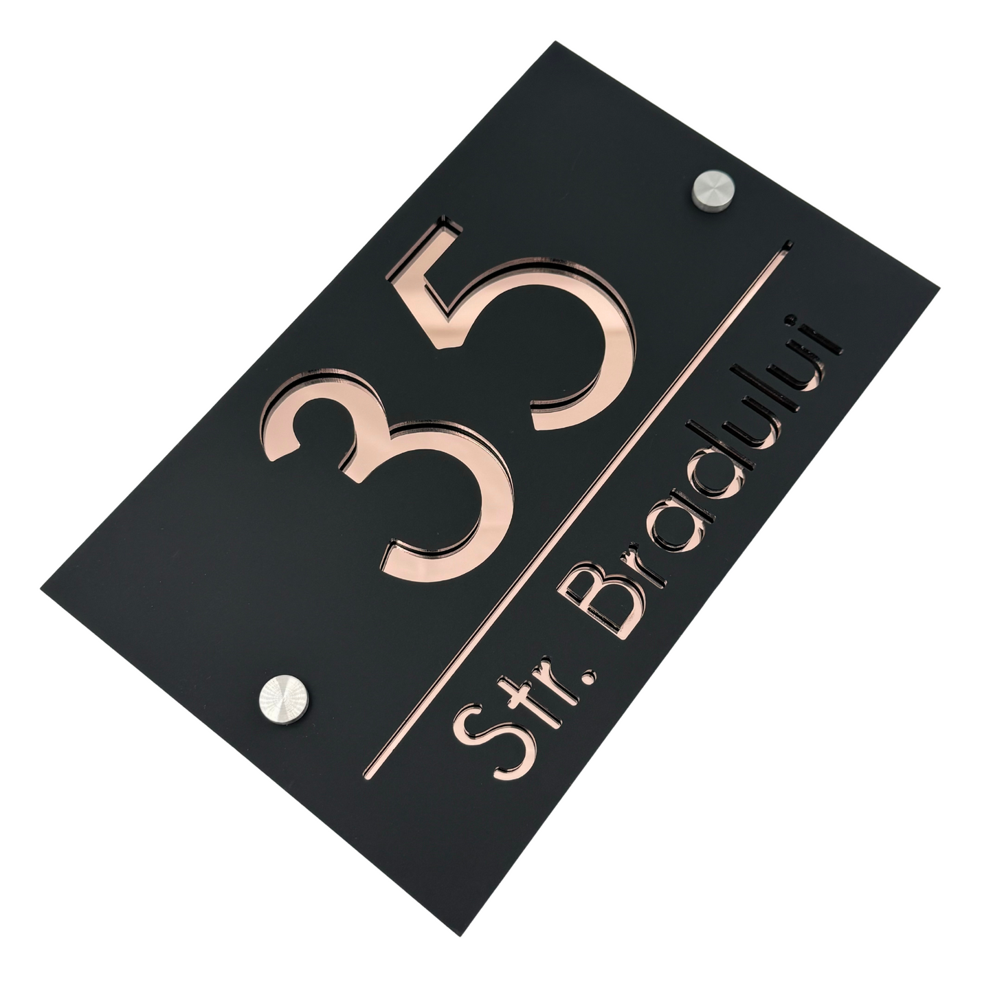 PREMIUM HOUSE NUMBER - Satin Black Rose Gold Mirror 2 Spacers Silver - 24×15 cm