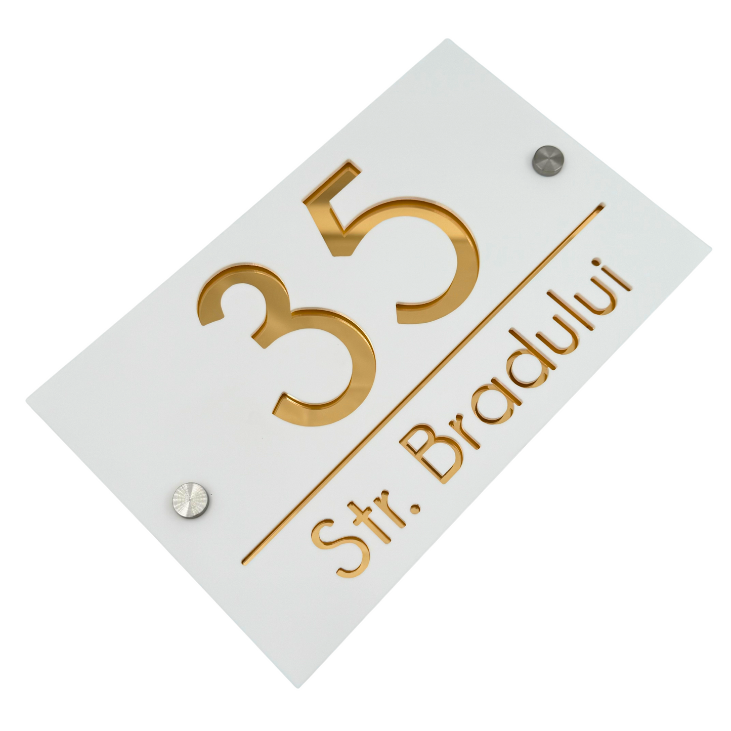 PREMIUM HOUSE NUMBER - White Satin Gold Mirror 2 Spacers Silver - 24×15 cm