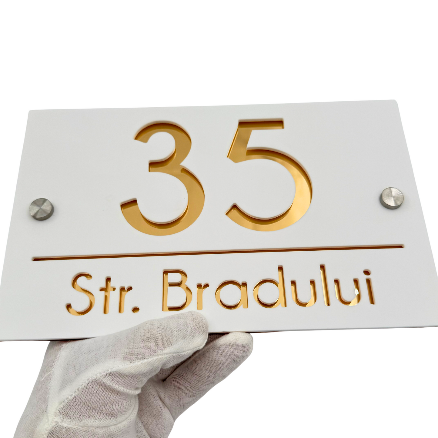 PREMIUM HOUSE NUMBER - White Satin Gold Mirror 2 Spacers Silver - 24×15 cm