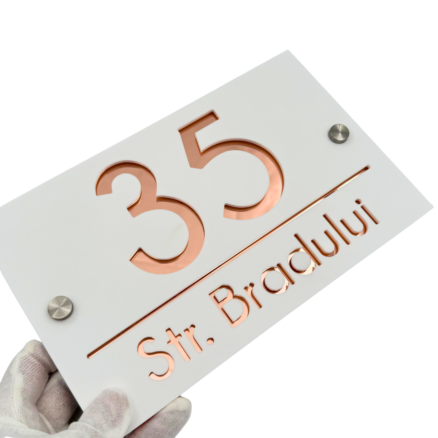 PREMIUM HOUSE NUMBER - White Satin Rose Gold Mirror 2 Spacers Silver - 24×15 cm