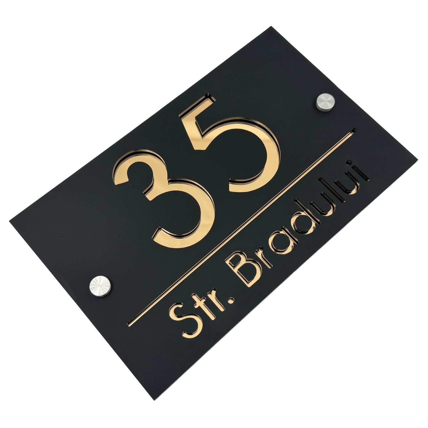 PREMIUM HOUSE NUMBER - Satin Black Gold Mirror 2 Spacers Silver - 24×15 cm