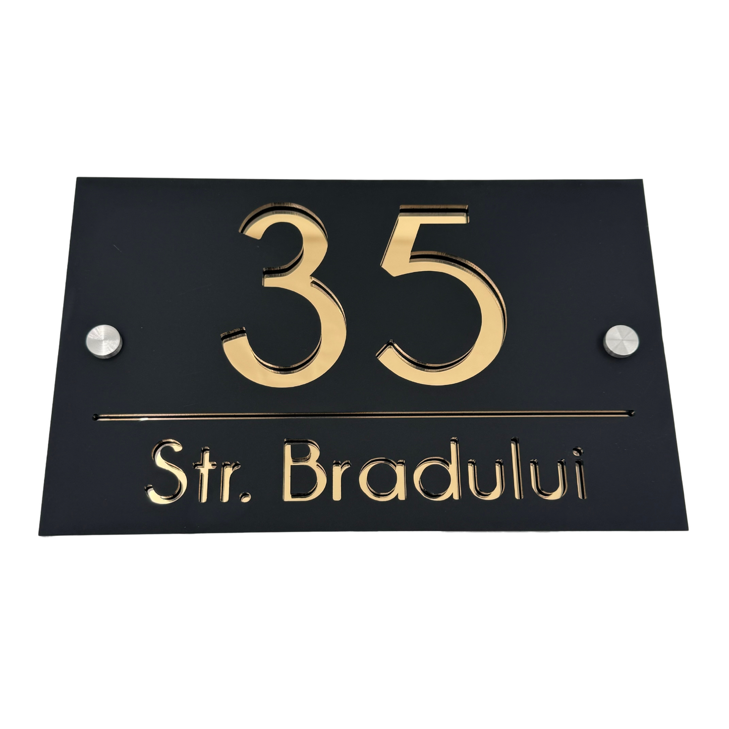 PREMIUM HOUSE NUMBER - Satin Black Gold Mirror 2 Spacers Silver - 24×15 cm