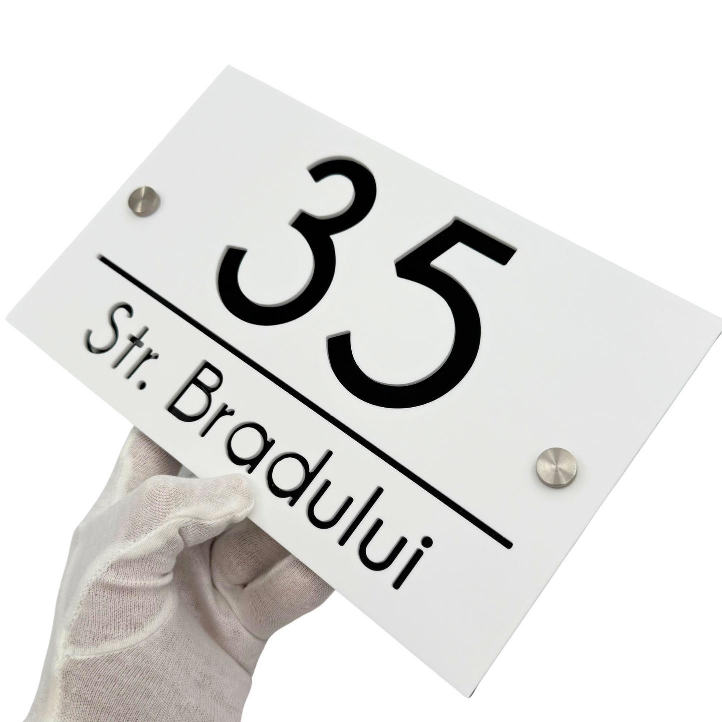 PREMIUM HOUSE NUMBER - White Satin Glossy Black 2 Spacers Silver - 24×15 cm