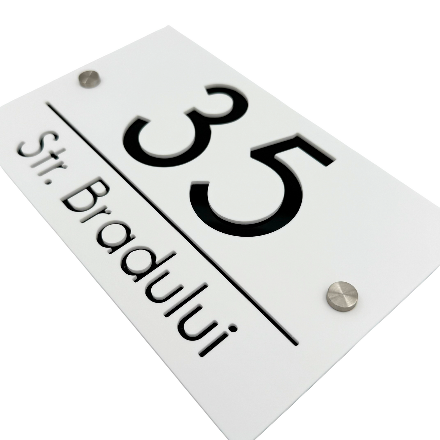 PREMIUM HOUSE NUMBER - White Satin Glossy Black 2 Spacers Silver - 24×15 cm