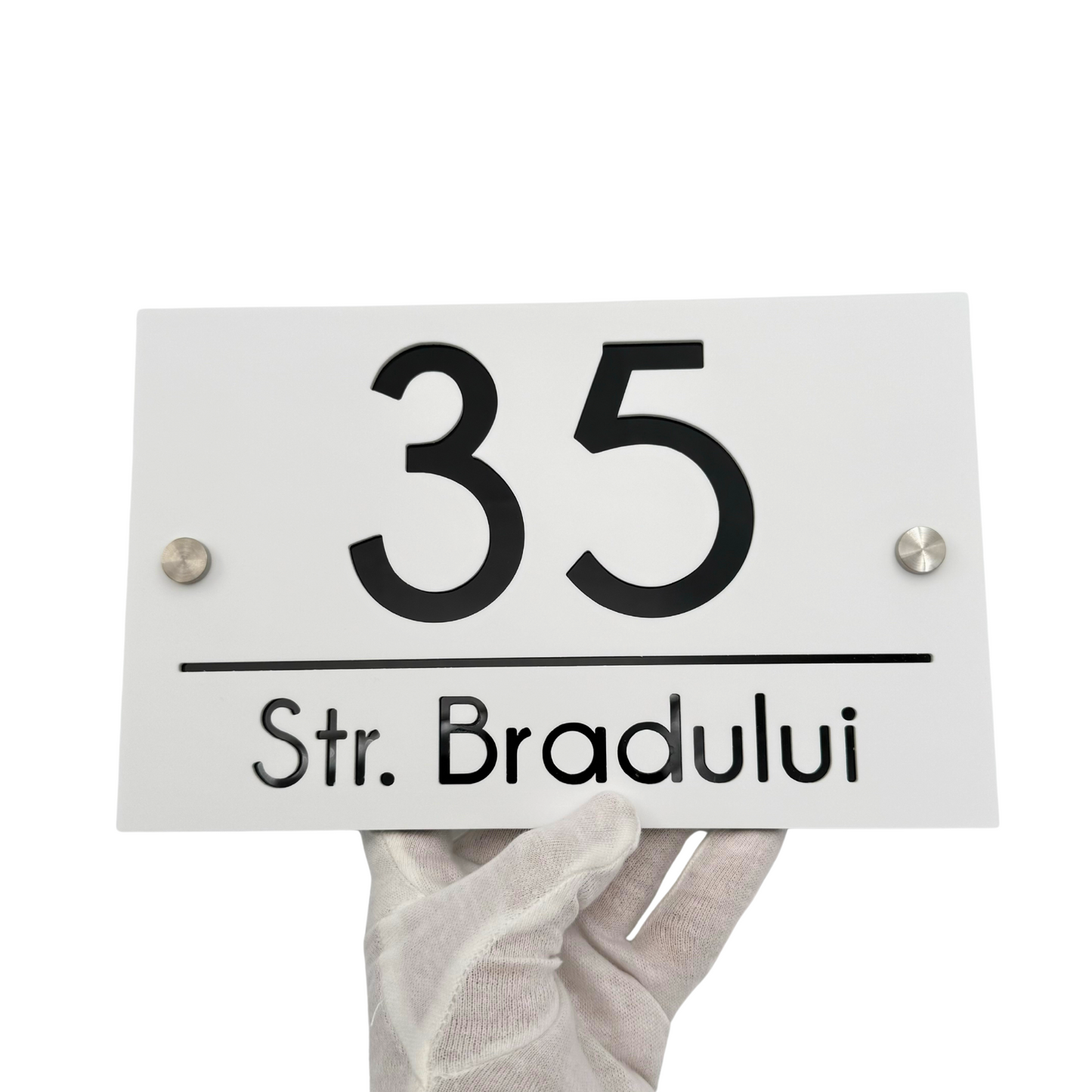 PREMIUM HOUSE NUMBER - White Satin Glossy Black 2 Spacers Silver - 24×15 cm
