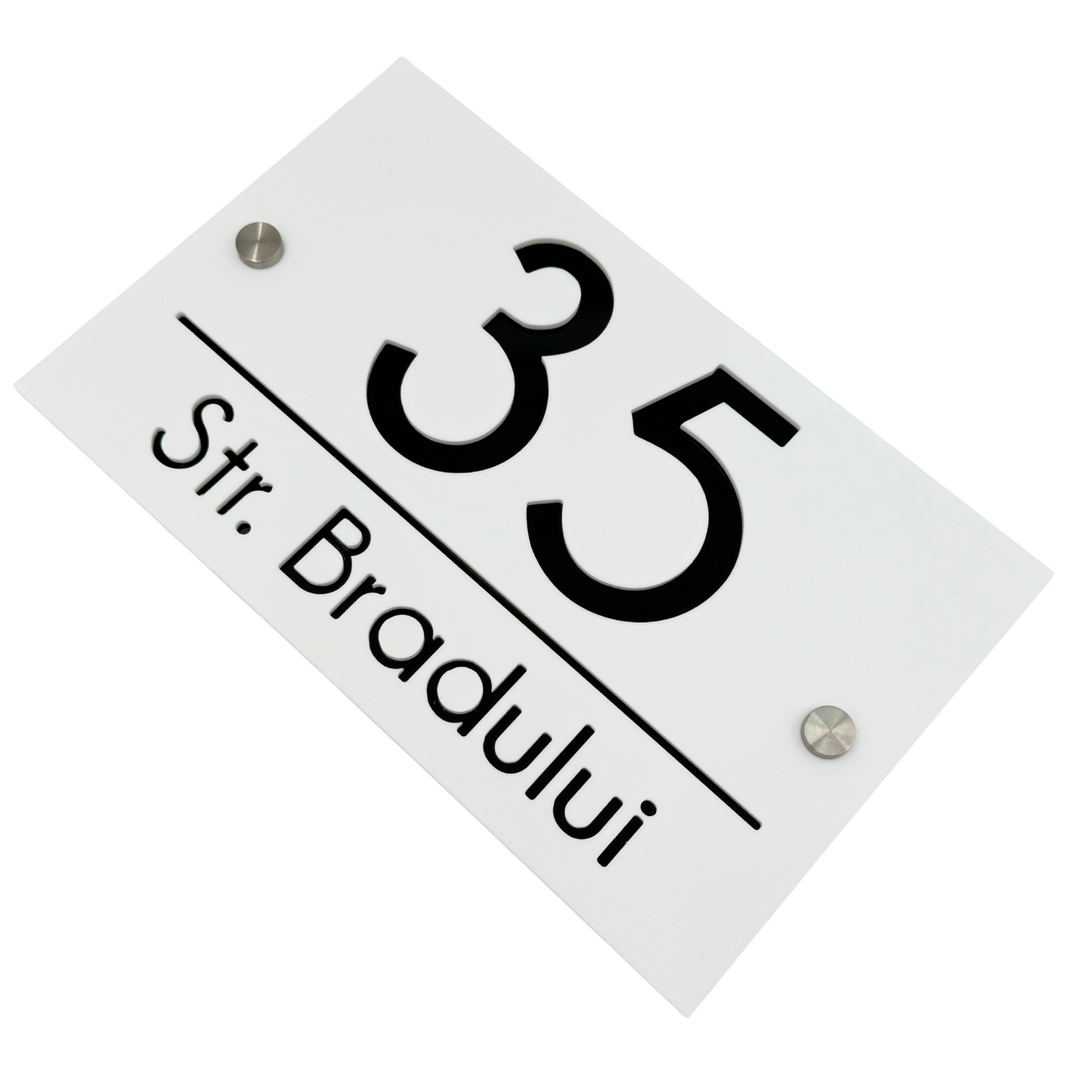 PREMIUM HOUSE NUMBER - White Satin Glossy Black 2 Spacers Silver - 24×15 cm