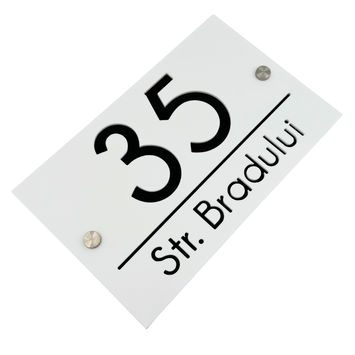 PREMIUM HOUSE NUMBER - White Satin Glossy Black 2 Spacers Silver - 24×15 cm