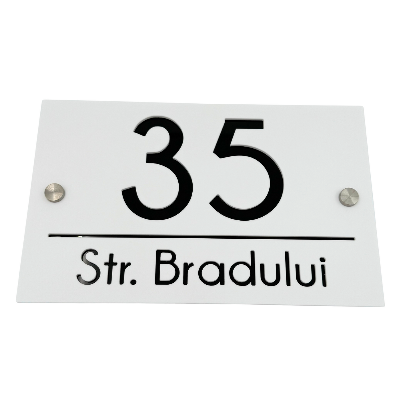 PREMIUM HOUSE NUMBER - White Satin Glossy Black 2 Spacers Silver - 24×15 cm