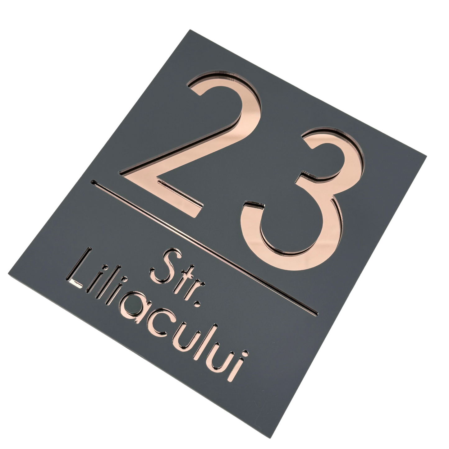 PREMIUM HOUSE NUMBER - Satin Grey Rose Gold Mirror - 18×16 cm