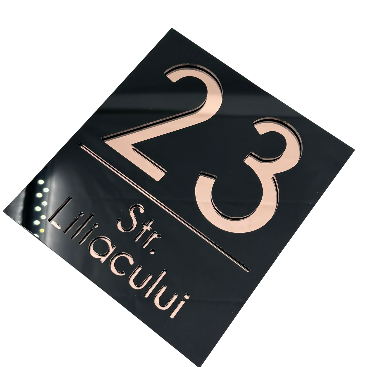 PREMIUM HOUSE NUMBER - Glossy Black Rose Gold Mirror - 18×16 cm
