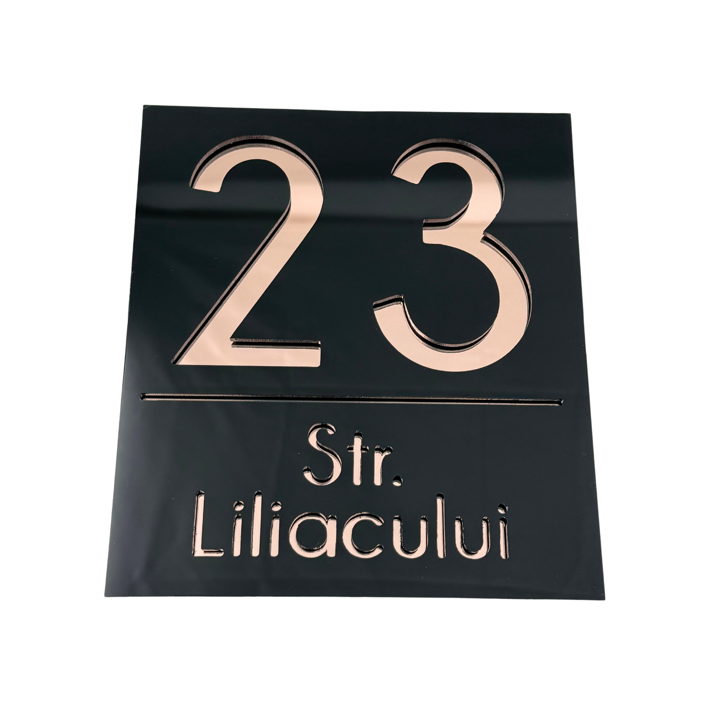 PREMIUM HOUSE NUMBER - Glossy Black Rose Gold Mirror - 18×16 cm