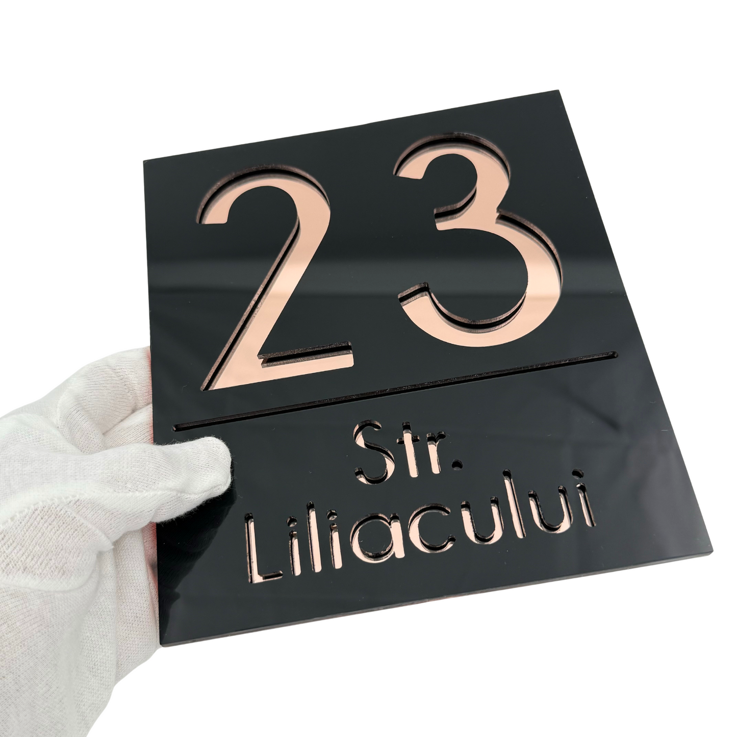 PREMIUM HOUSE NUMBER - Glossy Black Rose Gold Mirror - 18×16 cm