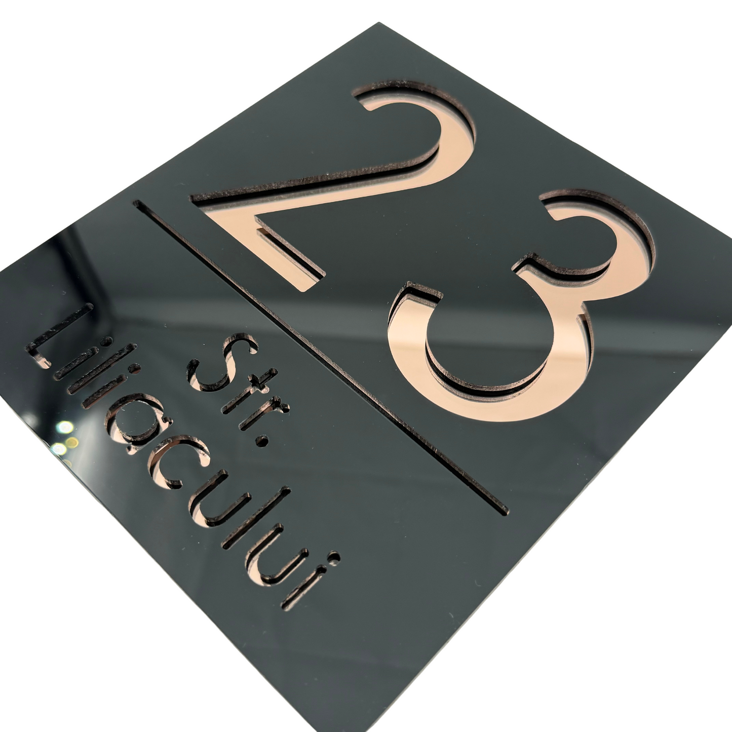 PREMIUM HOUSE NUMBER - Glossy Black Rose Gold Mirror - 18×16 cm