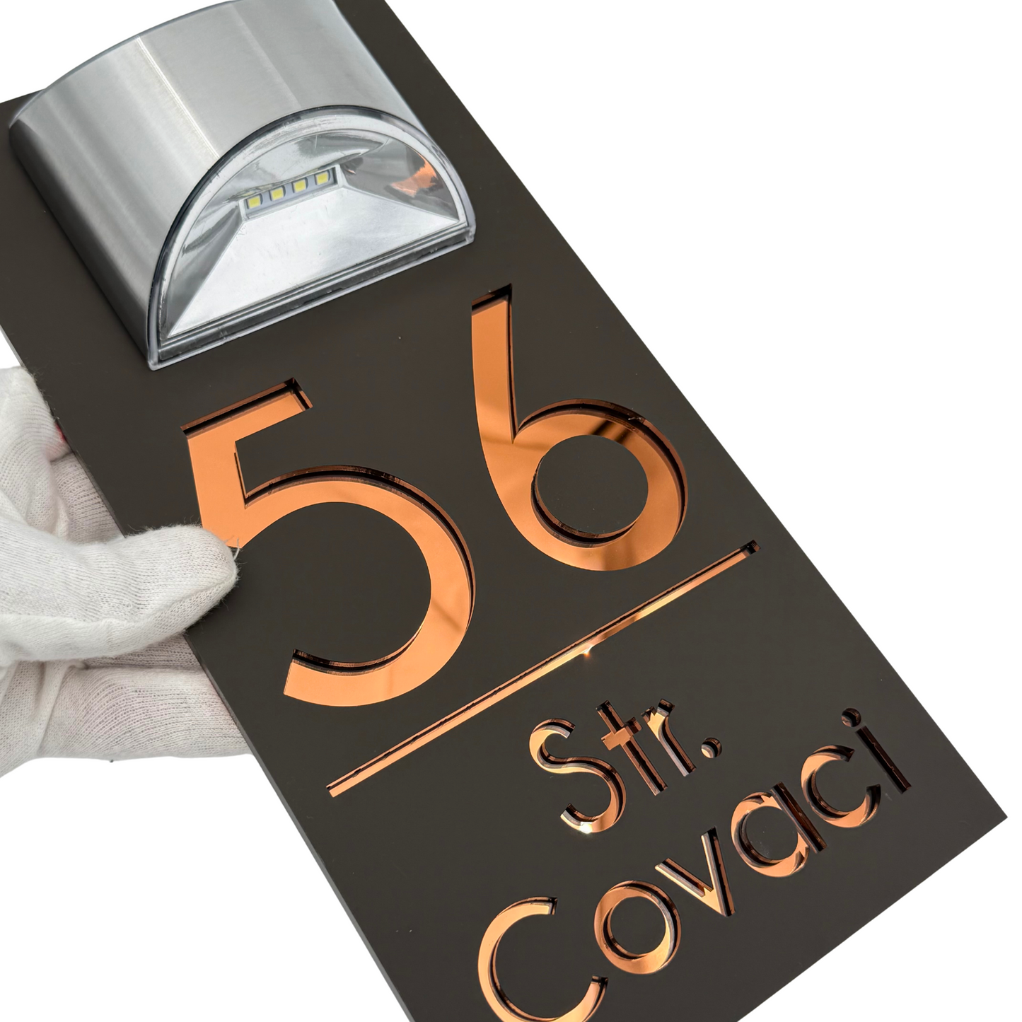 PREMIUM HOUSE NUMBER – Satin Brown Copper Mirror Solar Lamp – 30 x15 cm