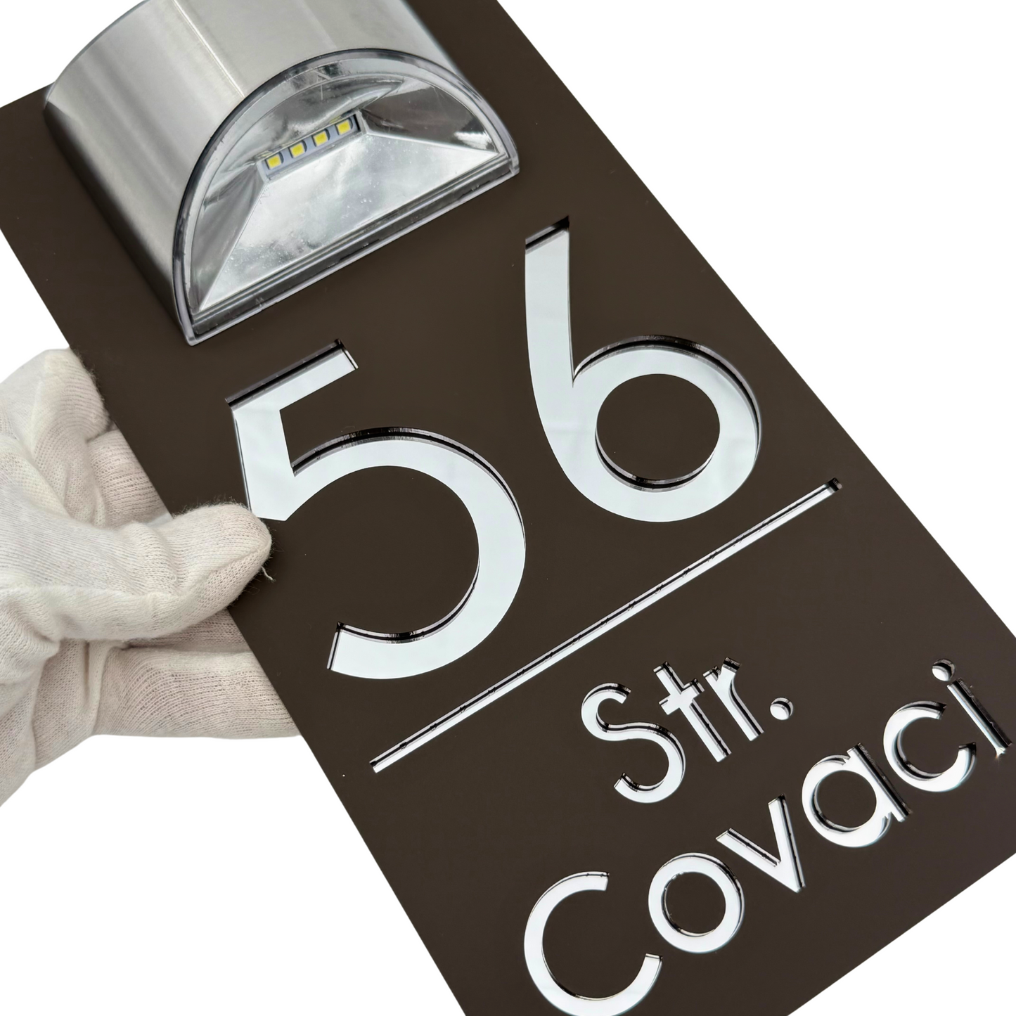 PREMIUM HOUSE NUMBER – Satin Brown Silver Mirror Solar Lamp – 30 x15 cm