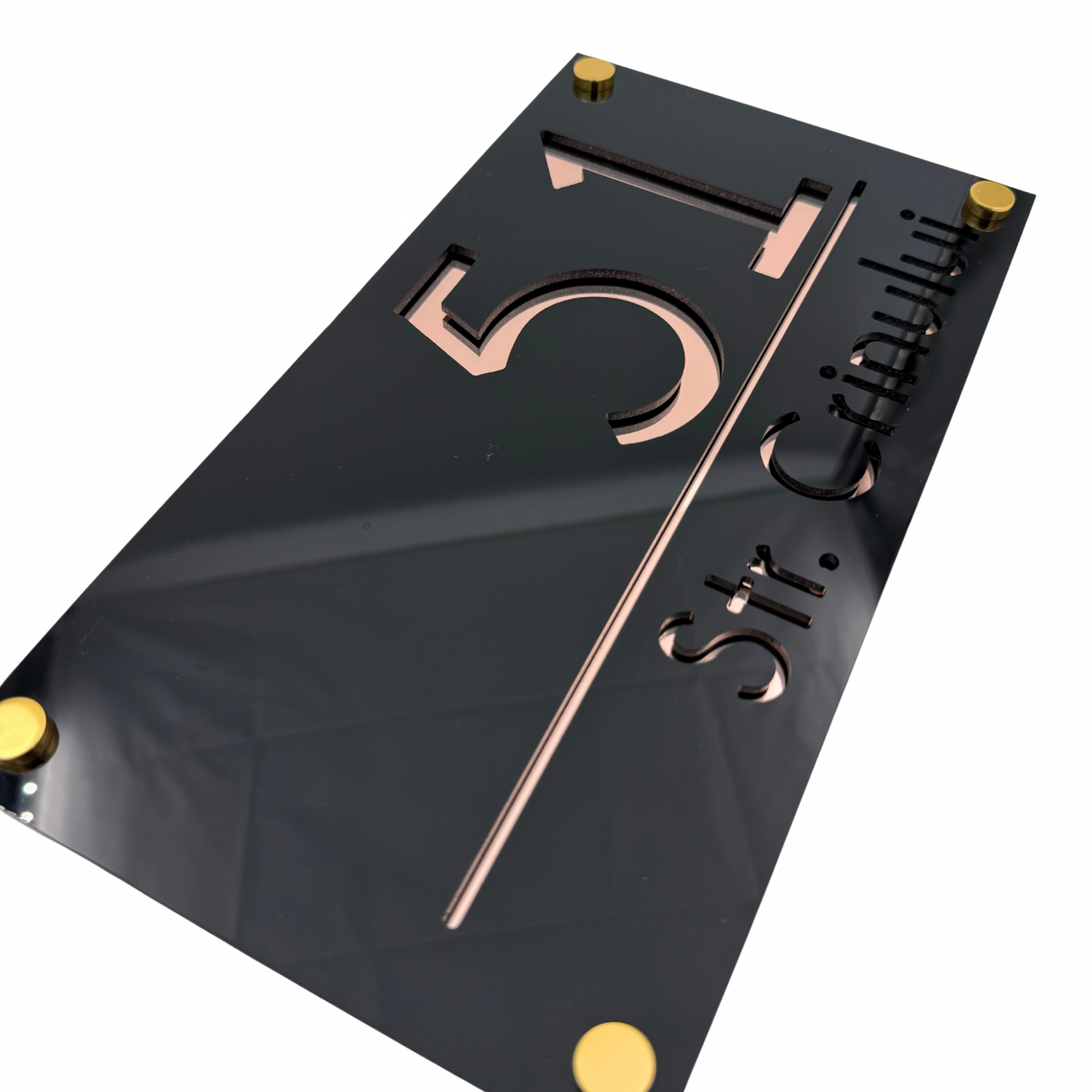 PREMIUM HOUSE NUMBER - Glossy Black Rose Gold Mirror 4 Spacers Gold - 28×15 cm