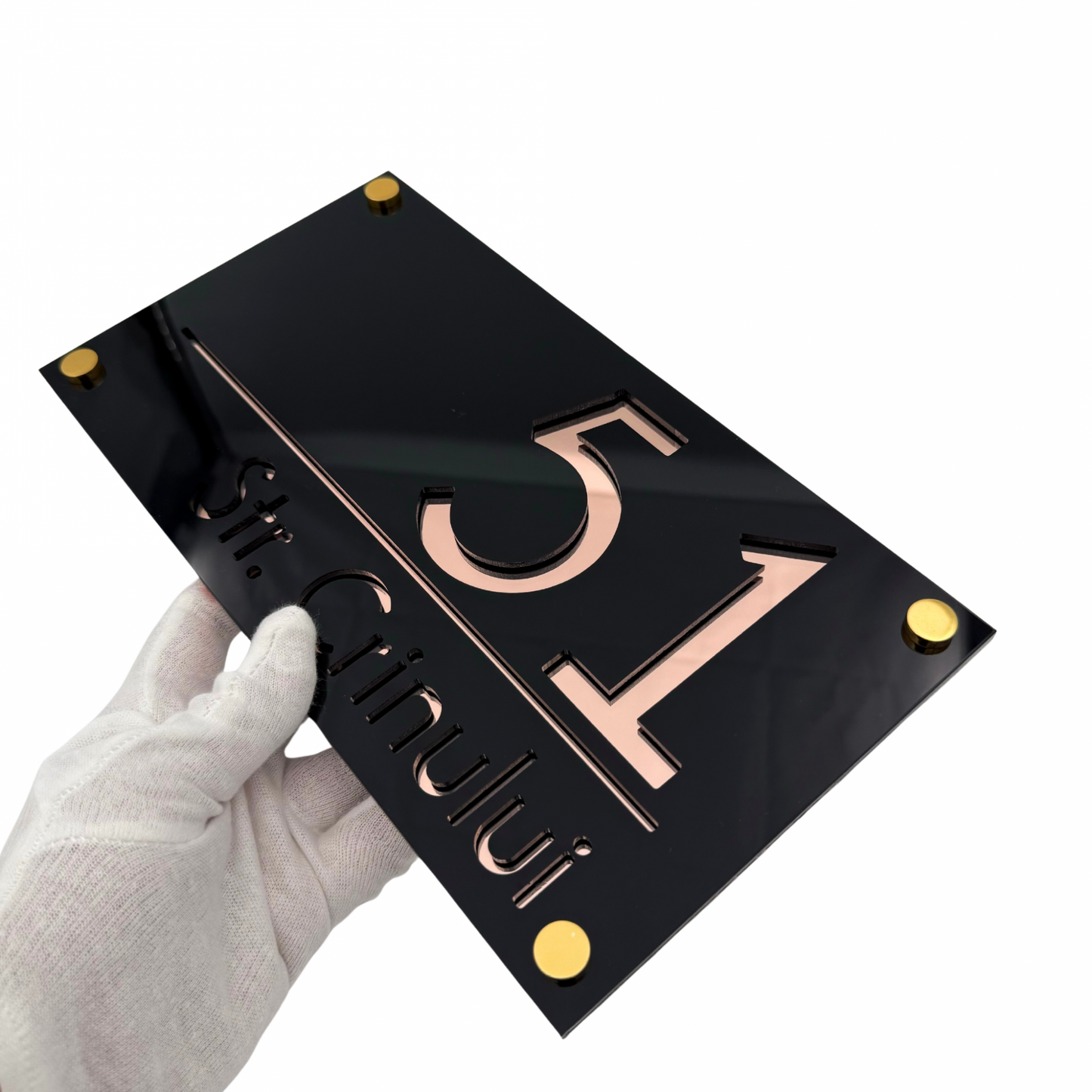 PREMIUM HOUSE NUMBER - Glossy Black Rose Gold Mirror 4 Spacers Gold - 28×15 cm