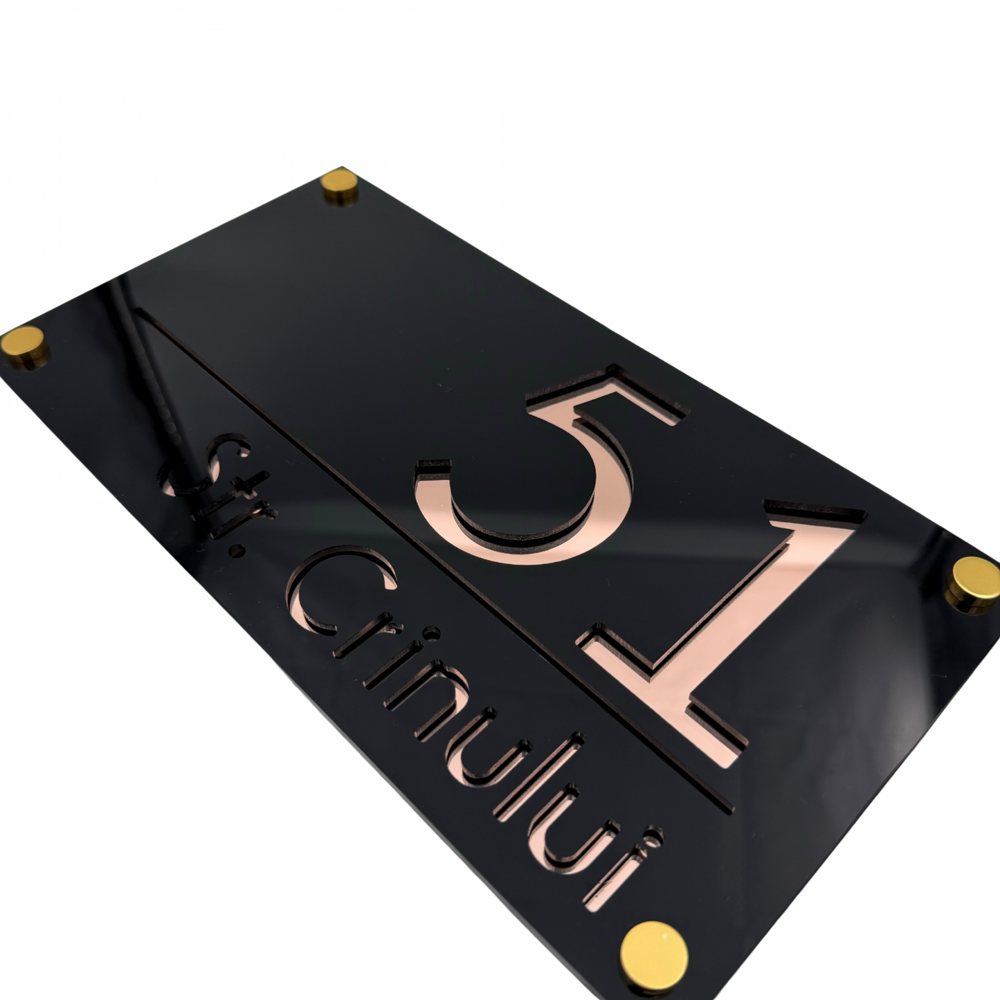 PREMIUM HOUSE NUMBER - Glossy Black Rose Gold Mirror 4 Spacers Gold - 28×15 cm