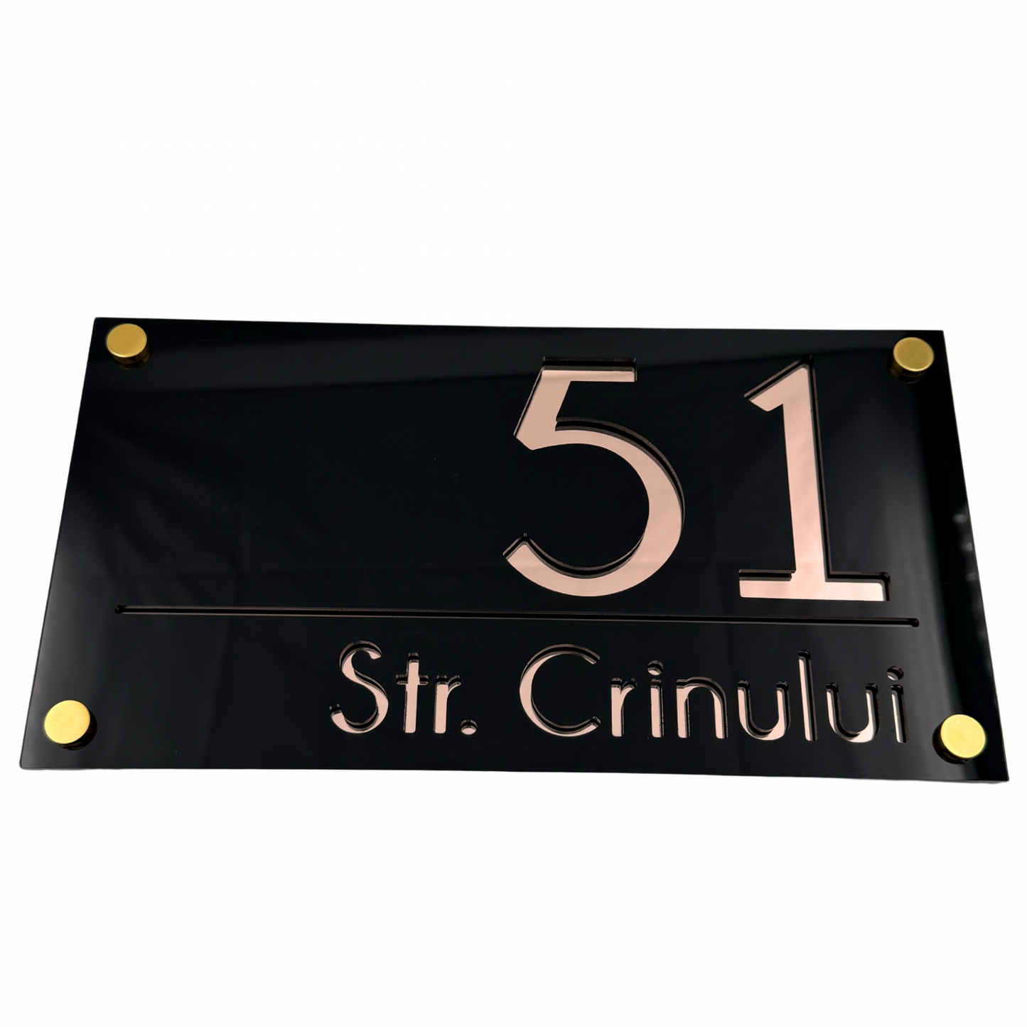 PREMIUM HOUSE NUMBER - Glossy Black Rose Gold Mirror 4 Spacers Gold - 28×15 cm