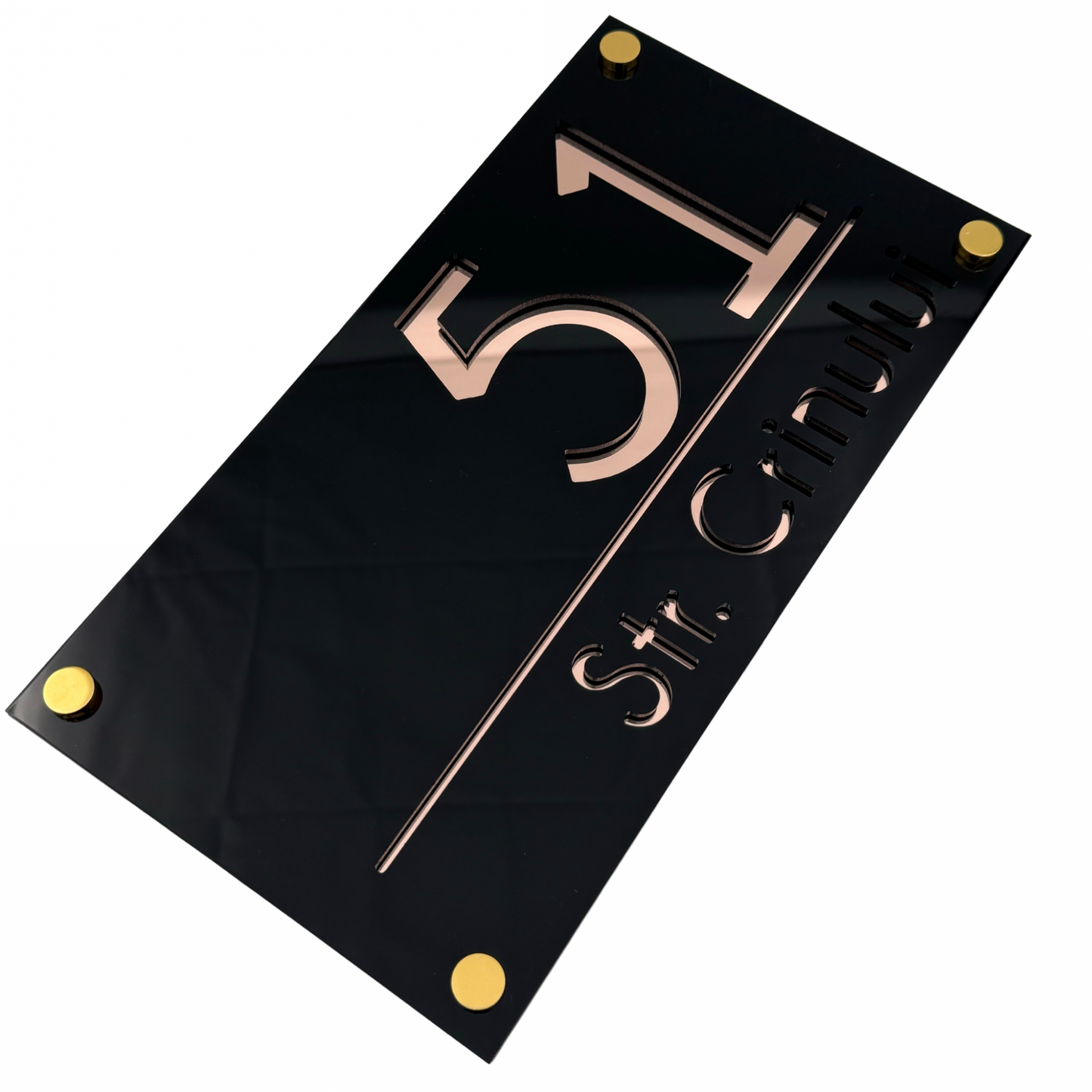 PREMIUM HOUSE NUMBER - Glossy Black Rose Gold Mirror 4 Spacers Gold - 28×15 cm