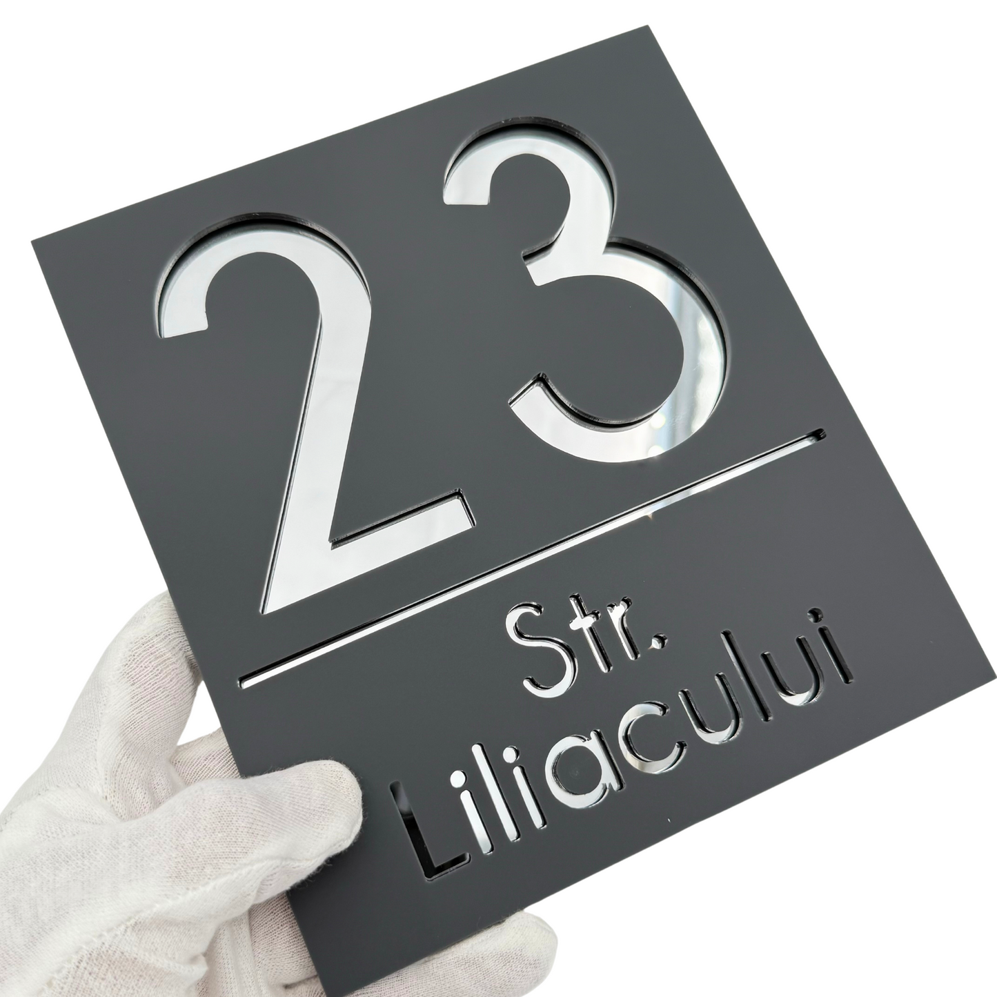PREMIUM HOUSE NUMBER - Satin Grey Silver Mirror - 18×16 cm