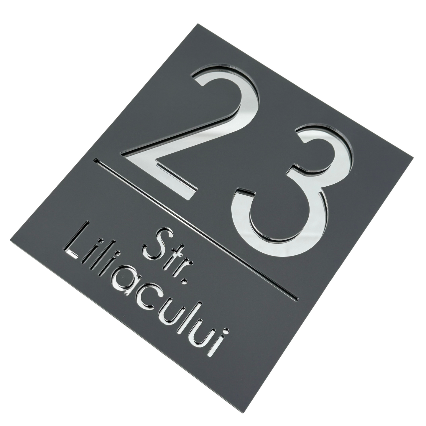 PREMIUM HOUSE NUMBER - Satin Grey Silver Mirror - 18×16 cm