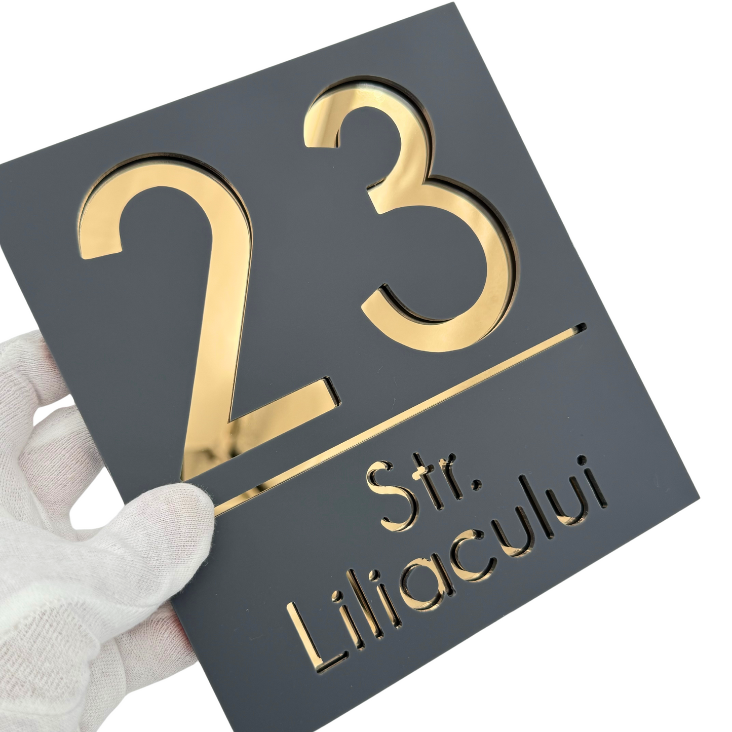 PREMIUM HOUSE NUMBER - Satin Grey Gold Mirror - 18×16 cm