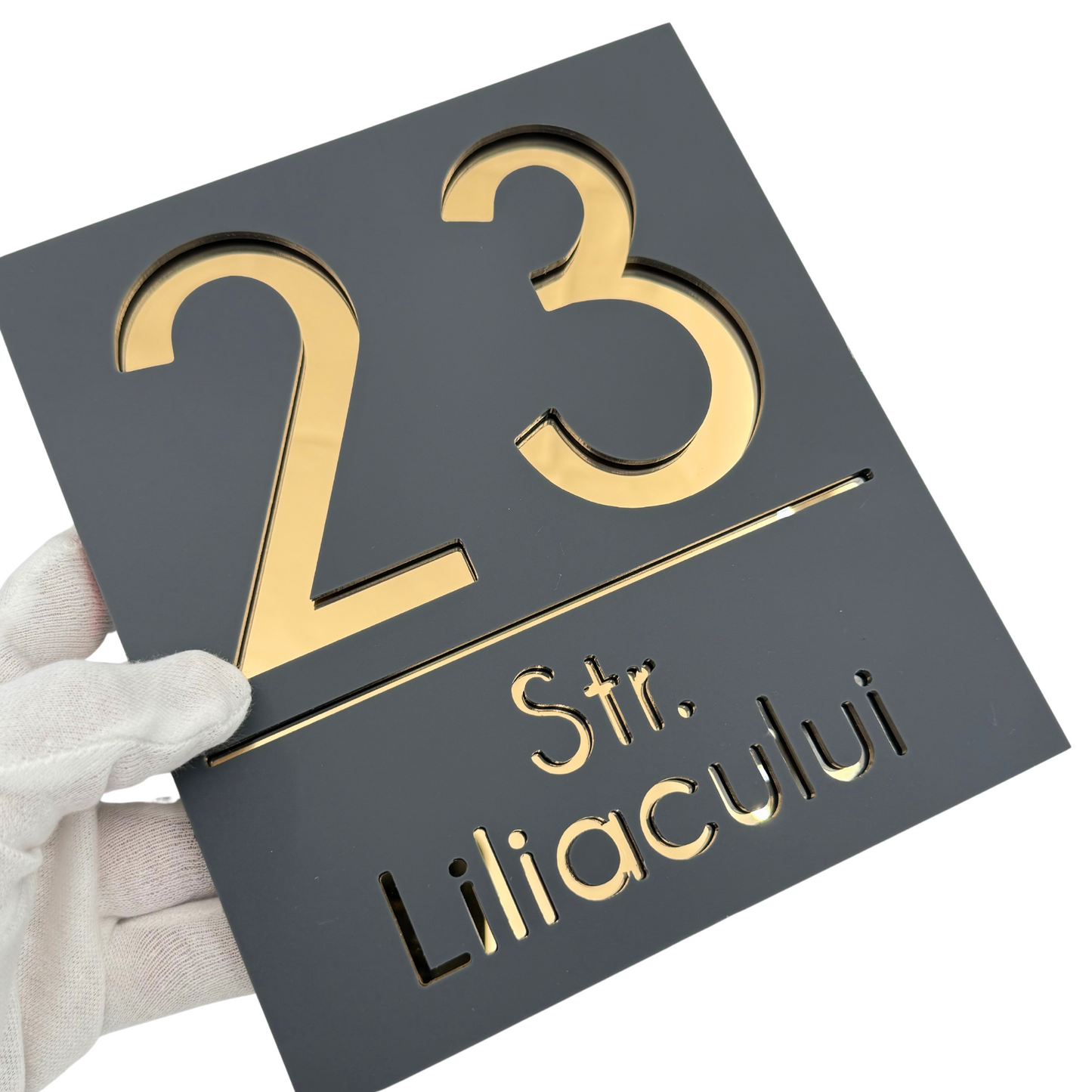 PREMIUM HOUSE NUMBER - Satin Grey Gold Mirror - 18×16 cm