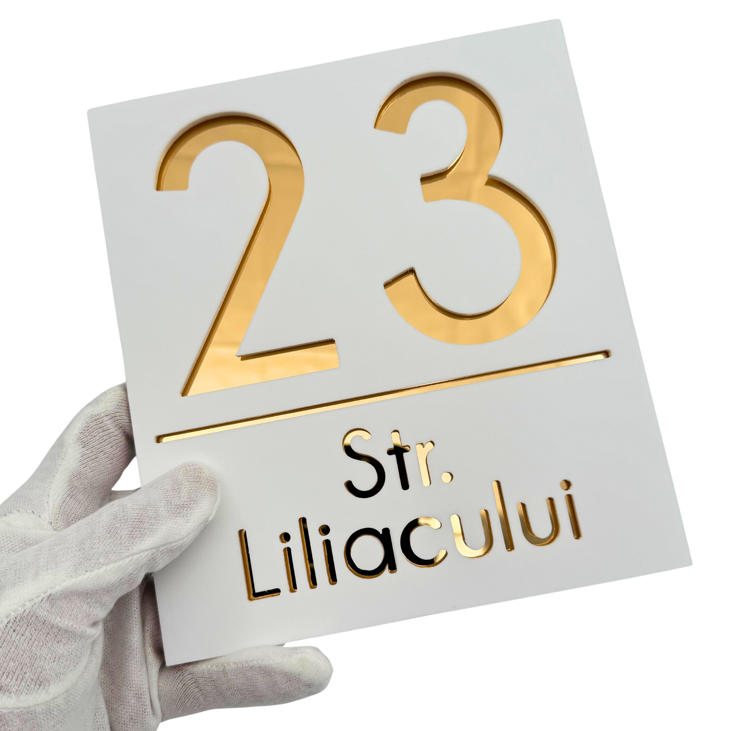 PREMIUM HOUSE NUMBER - White Satin Gold Mirror - 18×16 cm