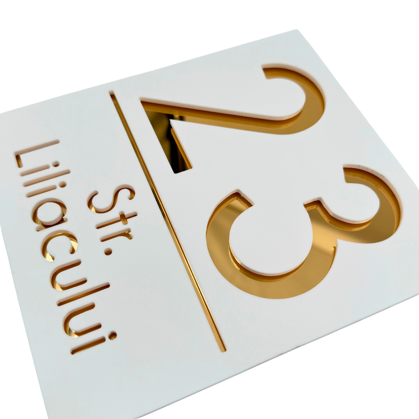 PREMIUM HOUSE NUMBER - White Satin Gold Mirror - 18×16 cm