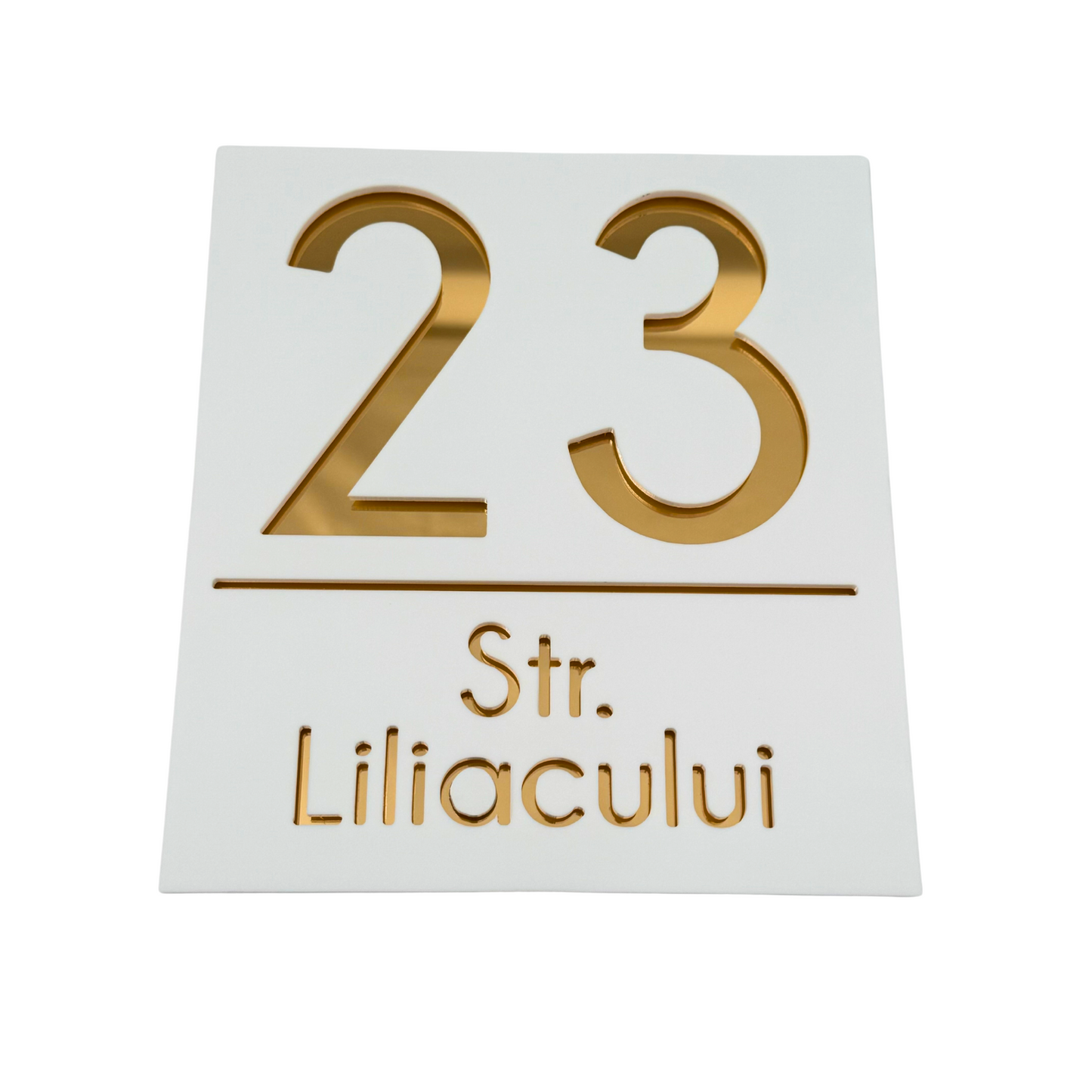 PREMIUM HOUSE NUMBER - White Satin Gold Mirror - 18×16 cm