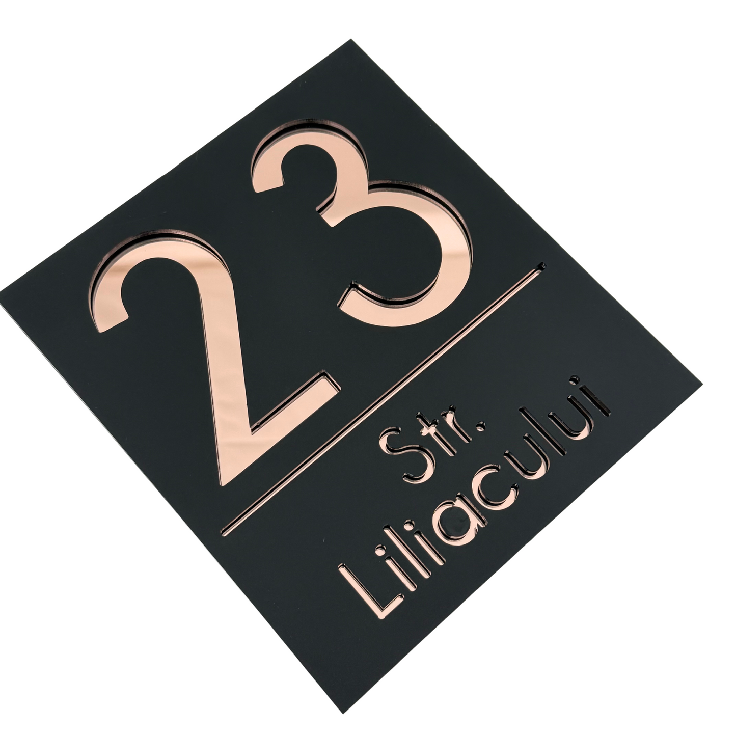 PREMIUM HOUSE NUMBER - Satin Black Rose Gold Mirror - 18×16 cm