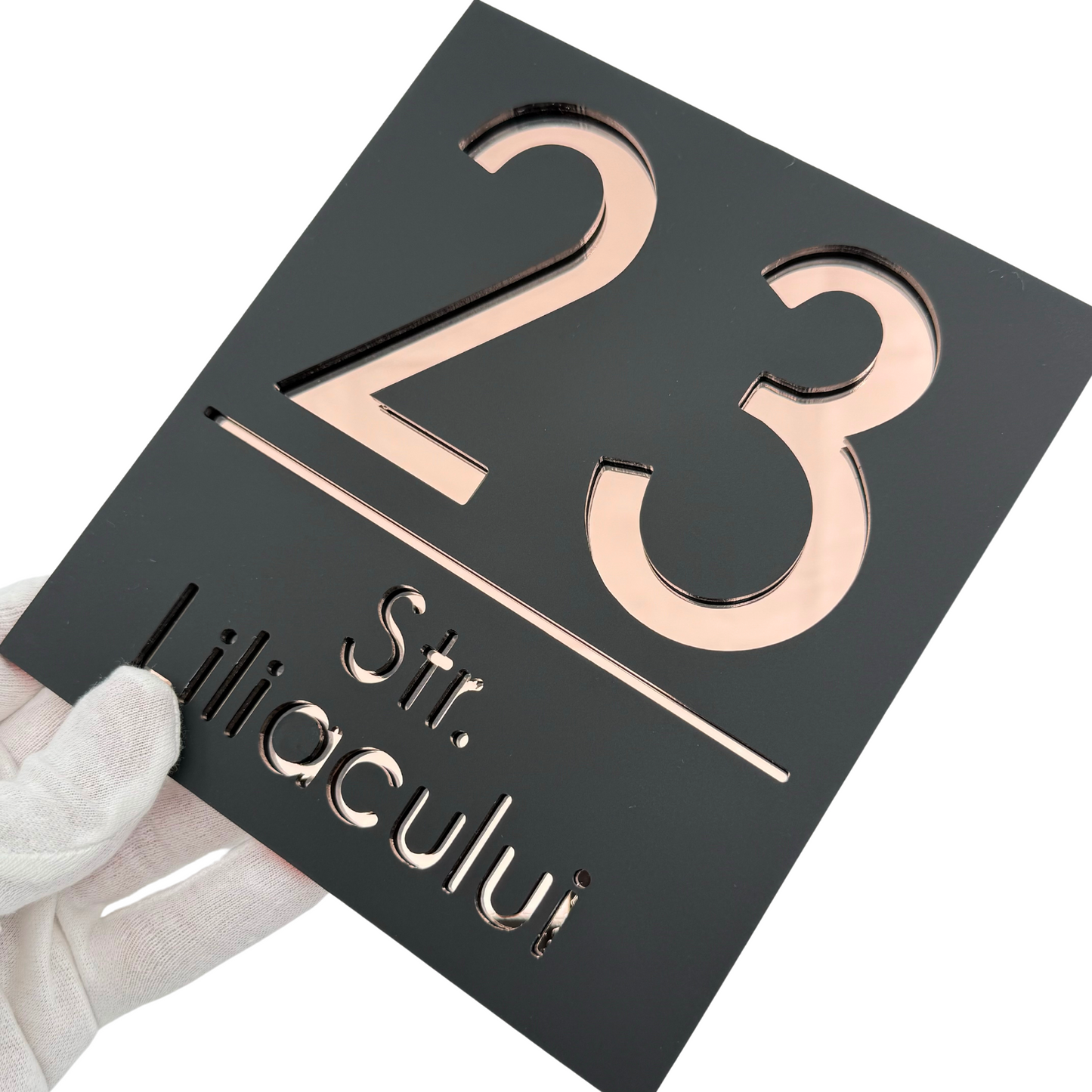 PREMIUM HOUSE NUMBER - Satin Black Rose Gold Mirror - 18×16 cm