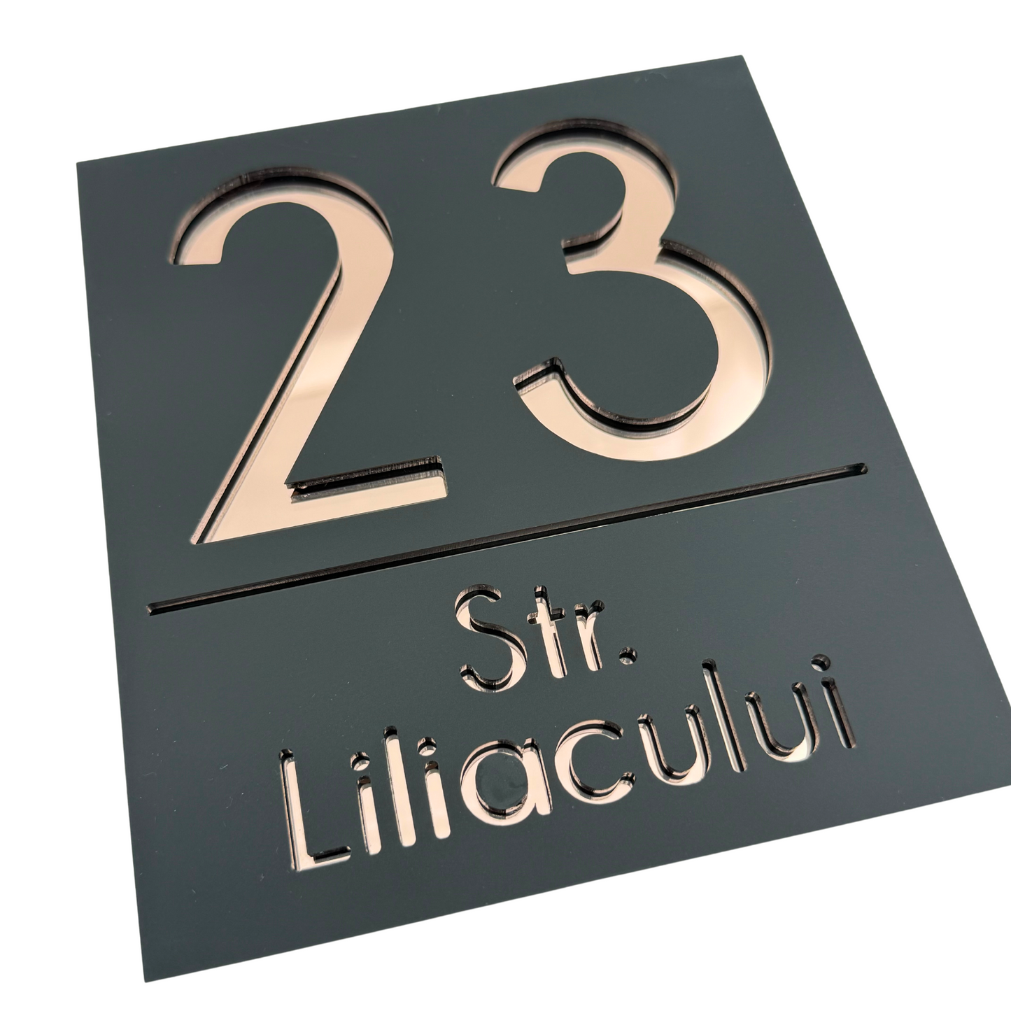 PREMIUM HOUSE NUMBER - Satin Black Rose Gold Mirror - 18×16 cm
