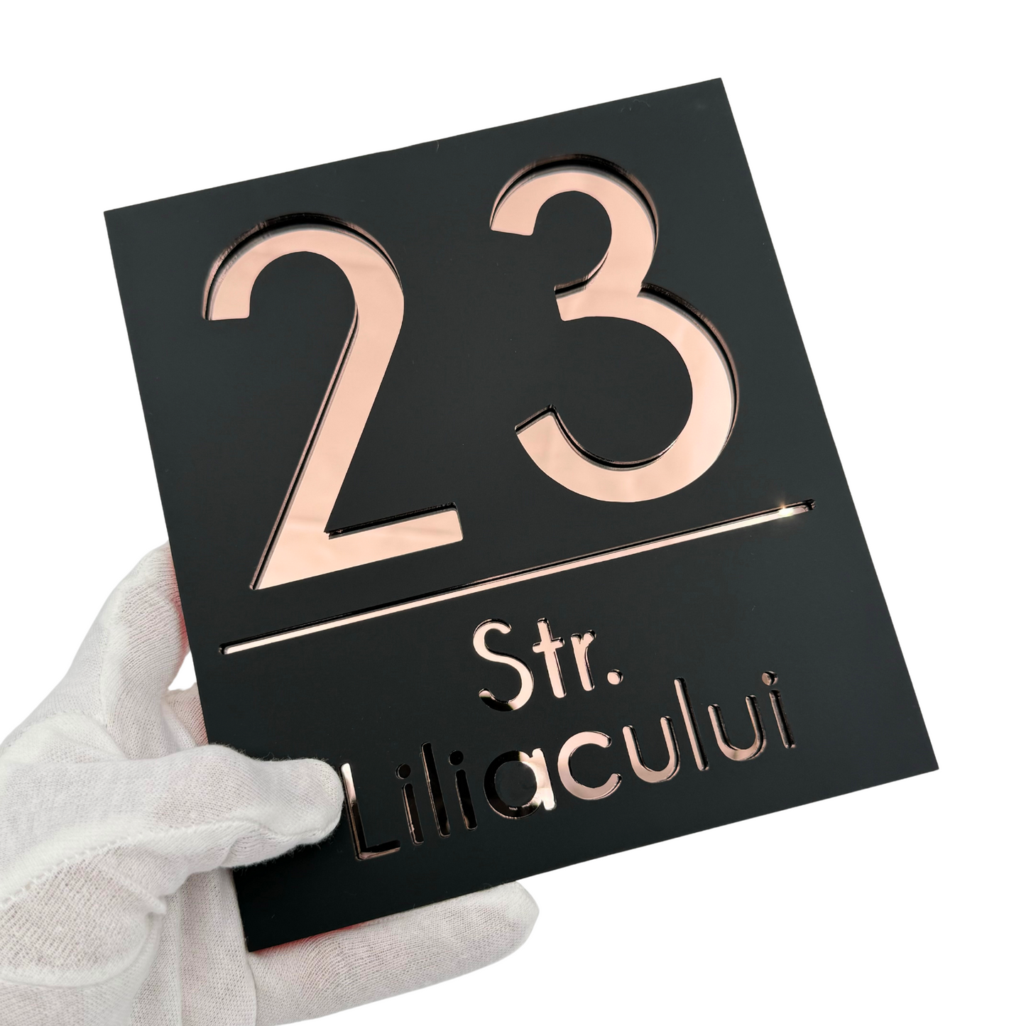 PREMIUM HOUSE NUMBER - Satin Black Rose Gold Mirror - 18×16 cm