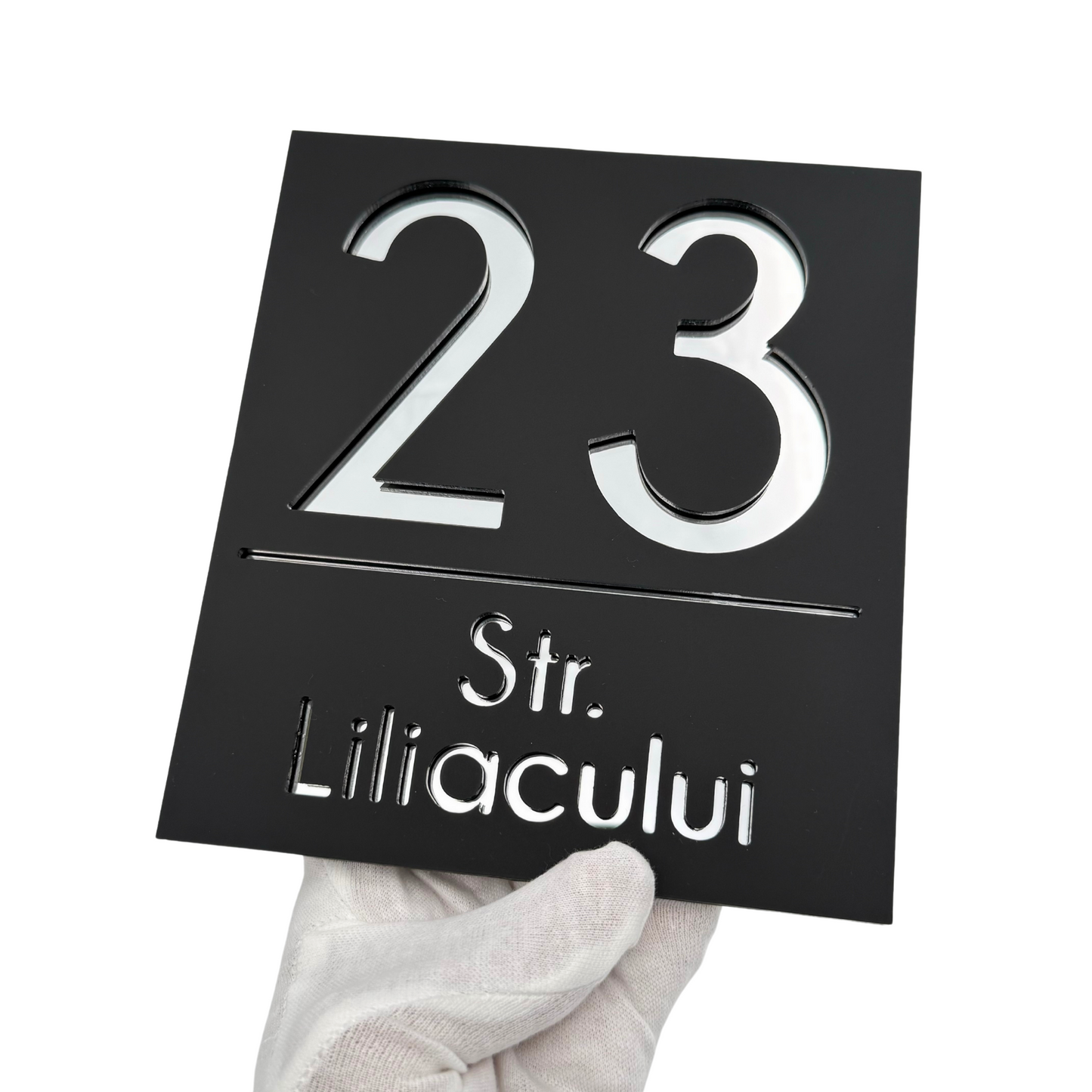 PREMIUM HOUSE NUMBER - Satin Black Silver Mirror - 18×16 cm