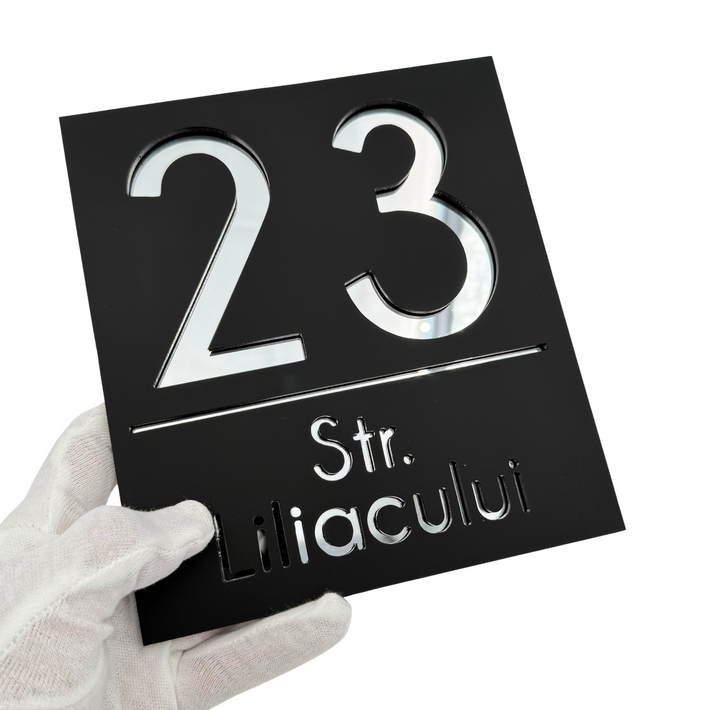 PREMIUM HOUSE NUMBER - Satin Black Silver Mirror - 18×16 cm