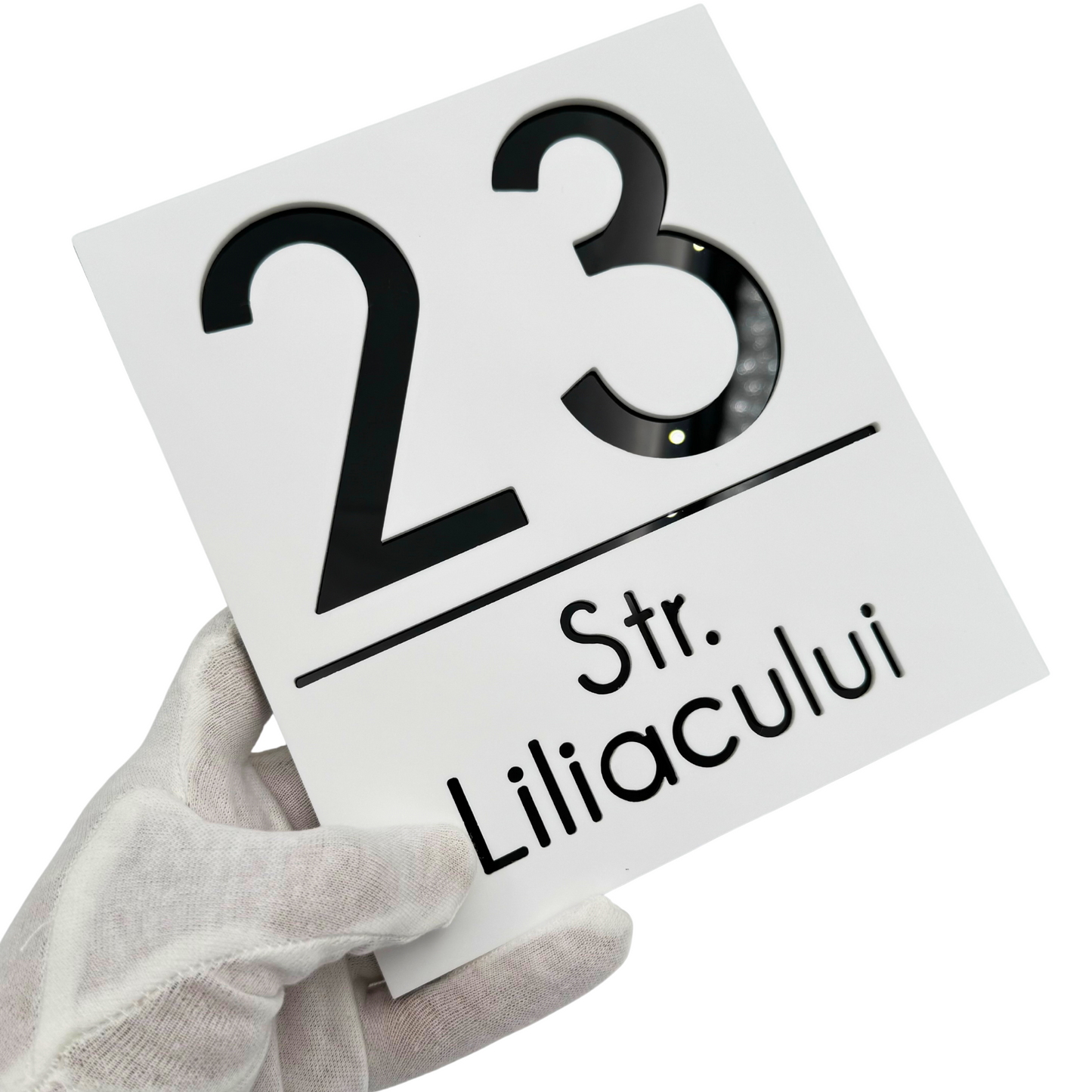 PREMIUM HOUSE NUMBER - White Satin Glossy Black - 18×16 cm