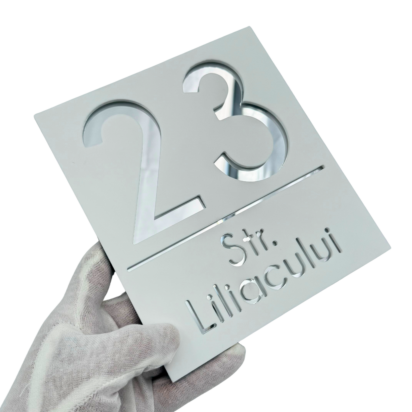 PREMIUM HOUSE NUMBER - White Satin Silver Mirror - 18×16 cm