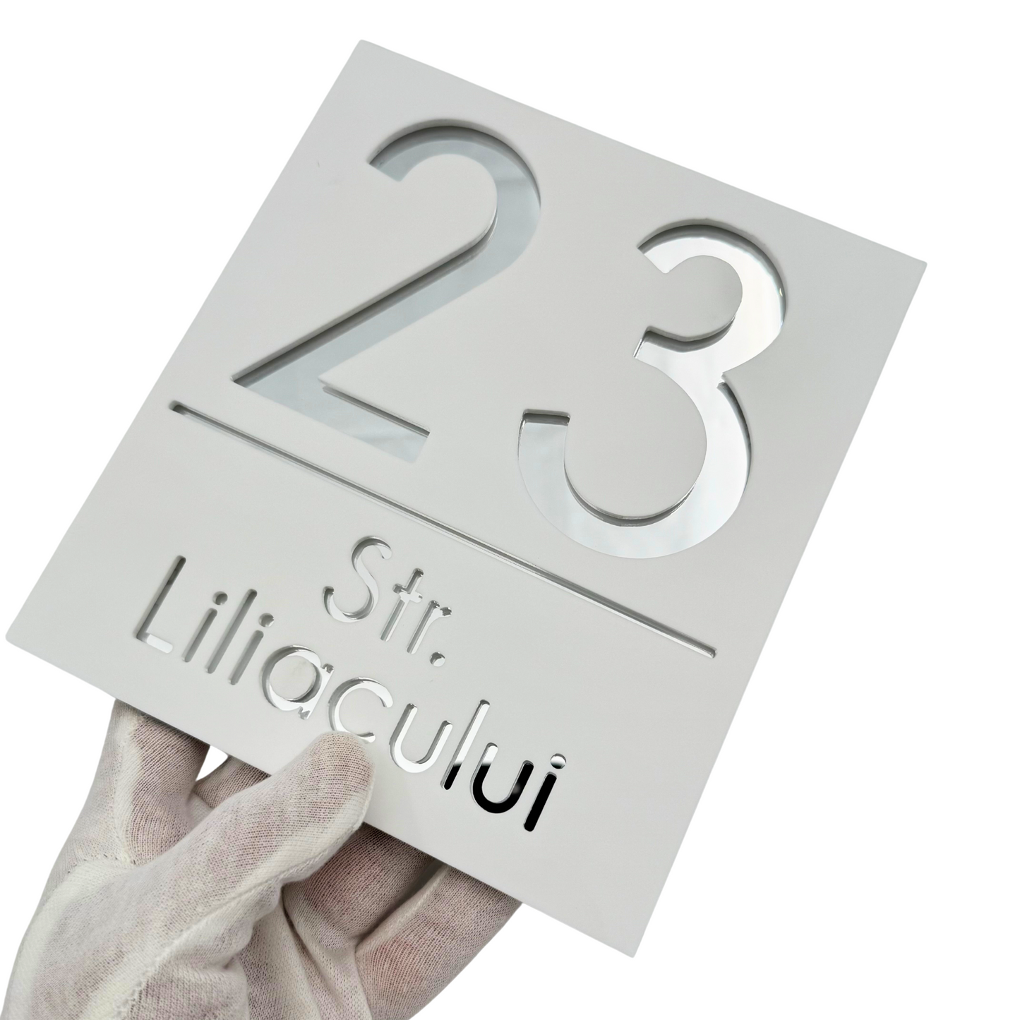 PREMIUM HOUSE NUMBER - White Satin Silver Mirror - 18×16 cm