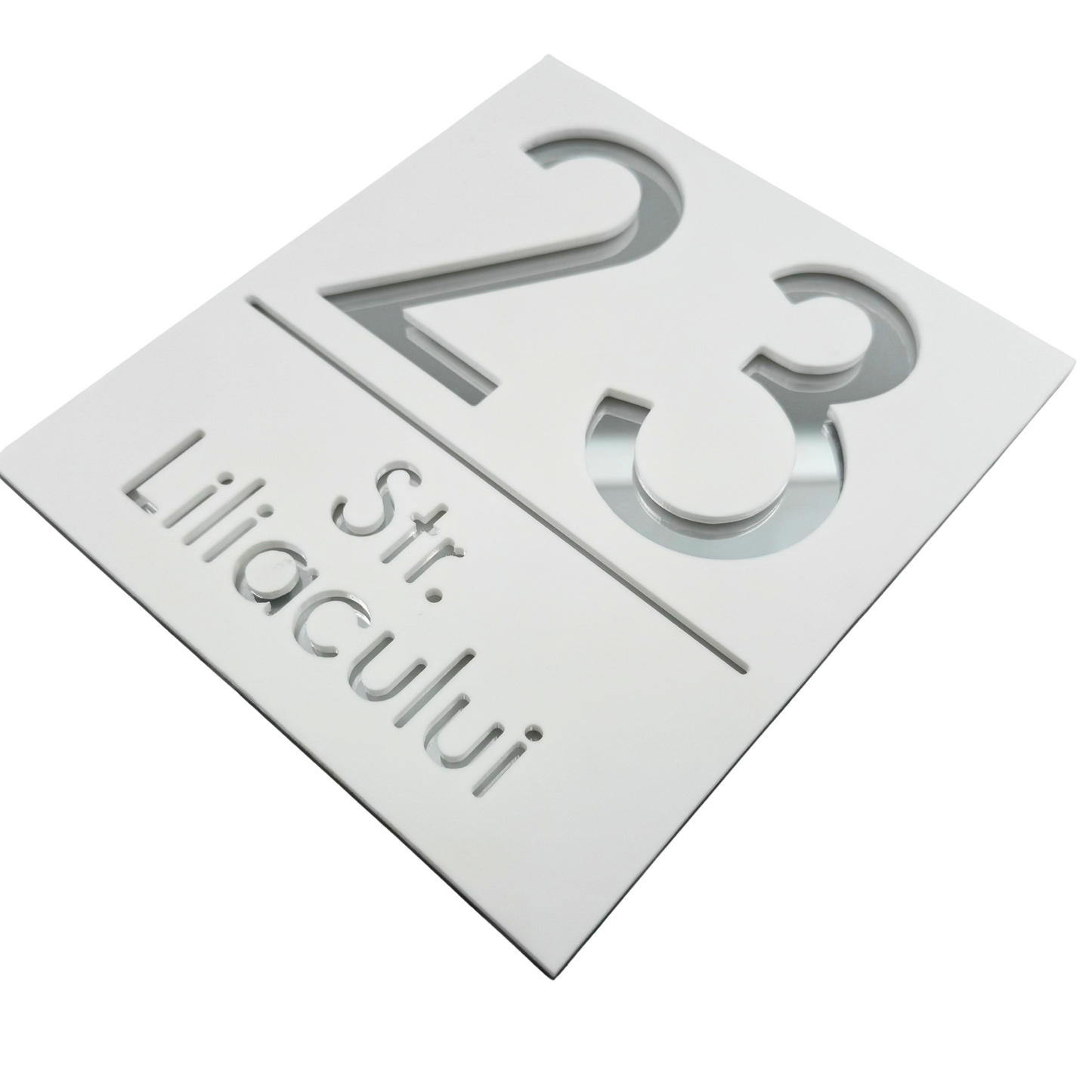PREMIUM HOUSE NUMBER - White Satin Silver Mirror - 18×16 cm