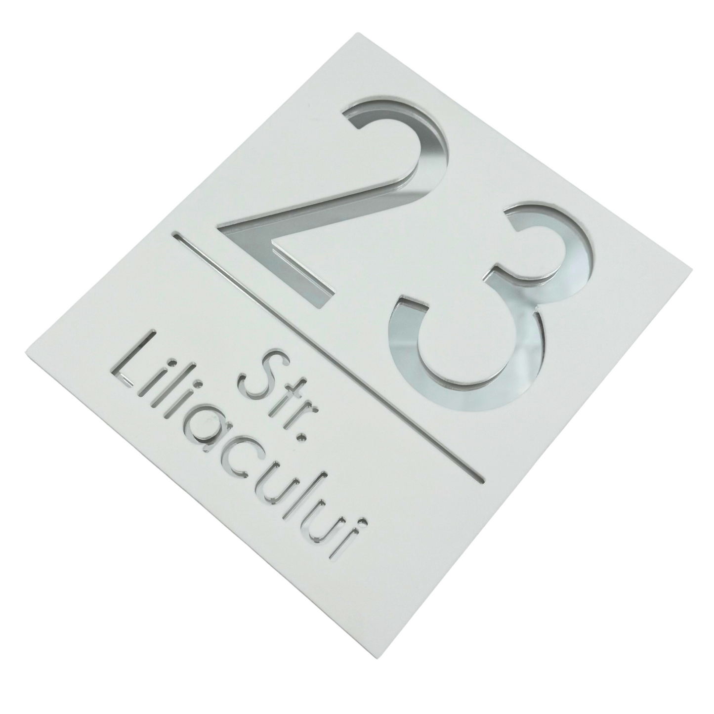 PREMIUM HOUSE NUMBER - White Satin Silver Mirror - 18×16 cm