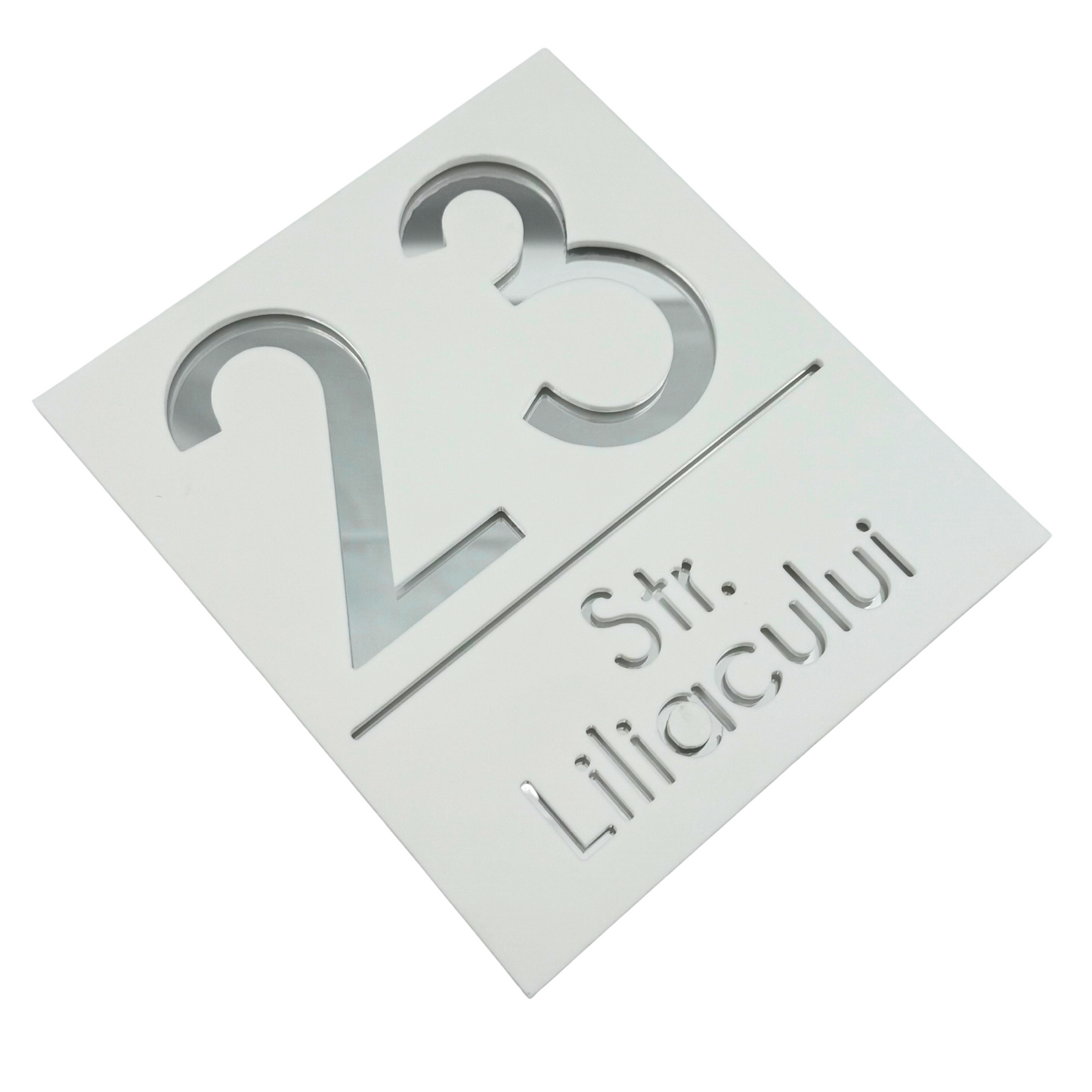 PREMIUM HOUSE NUMBER - White Satin Silver Mirror - 18×16 cm