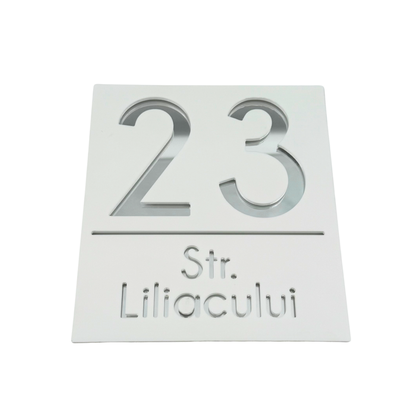 PREMIUM HOUSE NUMBER - White Satin Silver Mirror - 18×16 cm