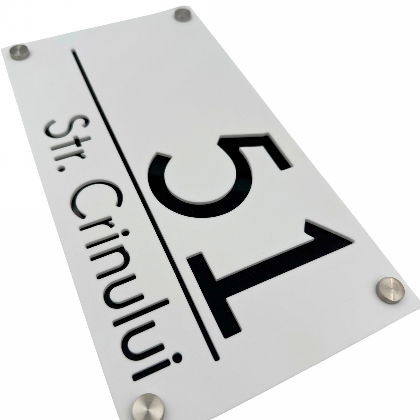 PREMIUM HOUSE NUMBER - White Satin Glossy Black 4 Spacers Silver - 28×15 cm