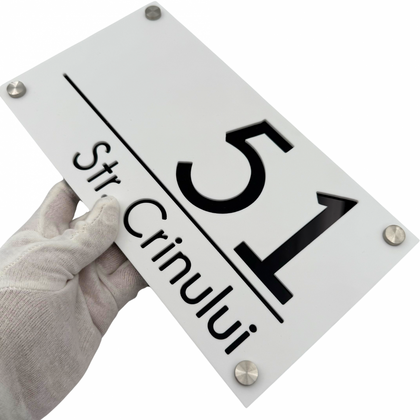 PREMIUM HOUSE NUMBER - White Satin Glossy Black 4 Spacers Silver - 28×15 cm